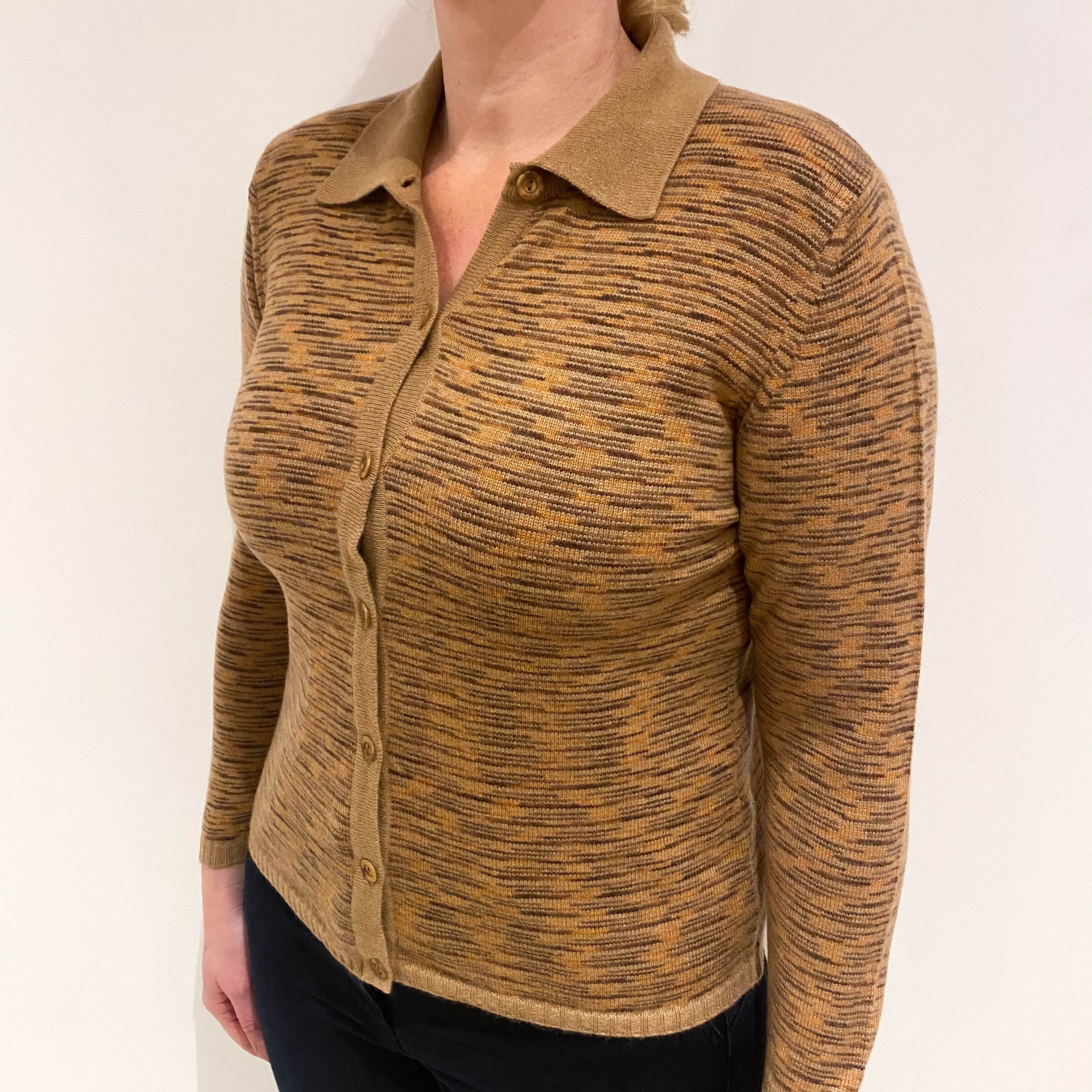 Butterscotch Brown and Mustard Cashmere Collared Crew Cardigan Large