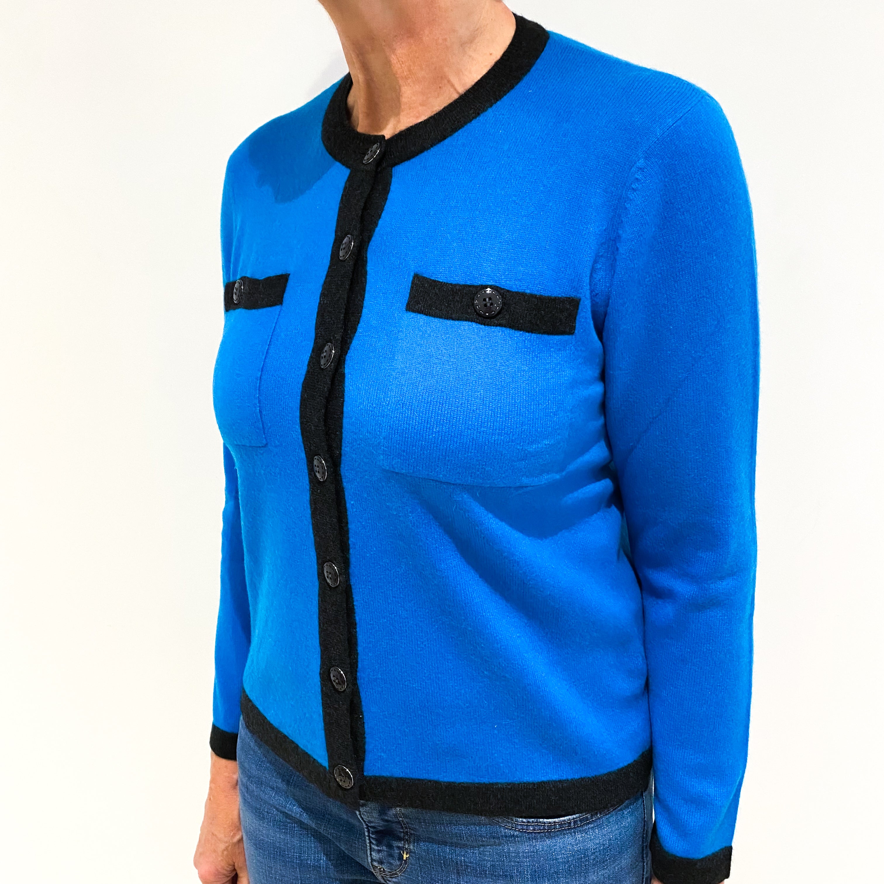 Teal Blue Grey Trim Cashmere Crew Neck Cardigan Medium