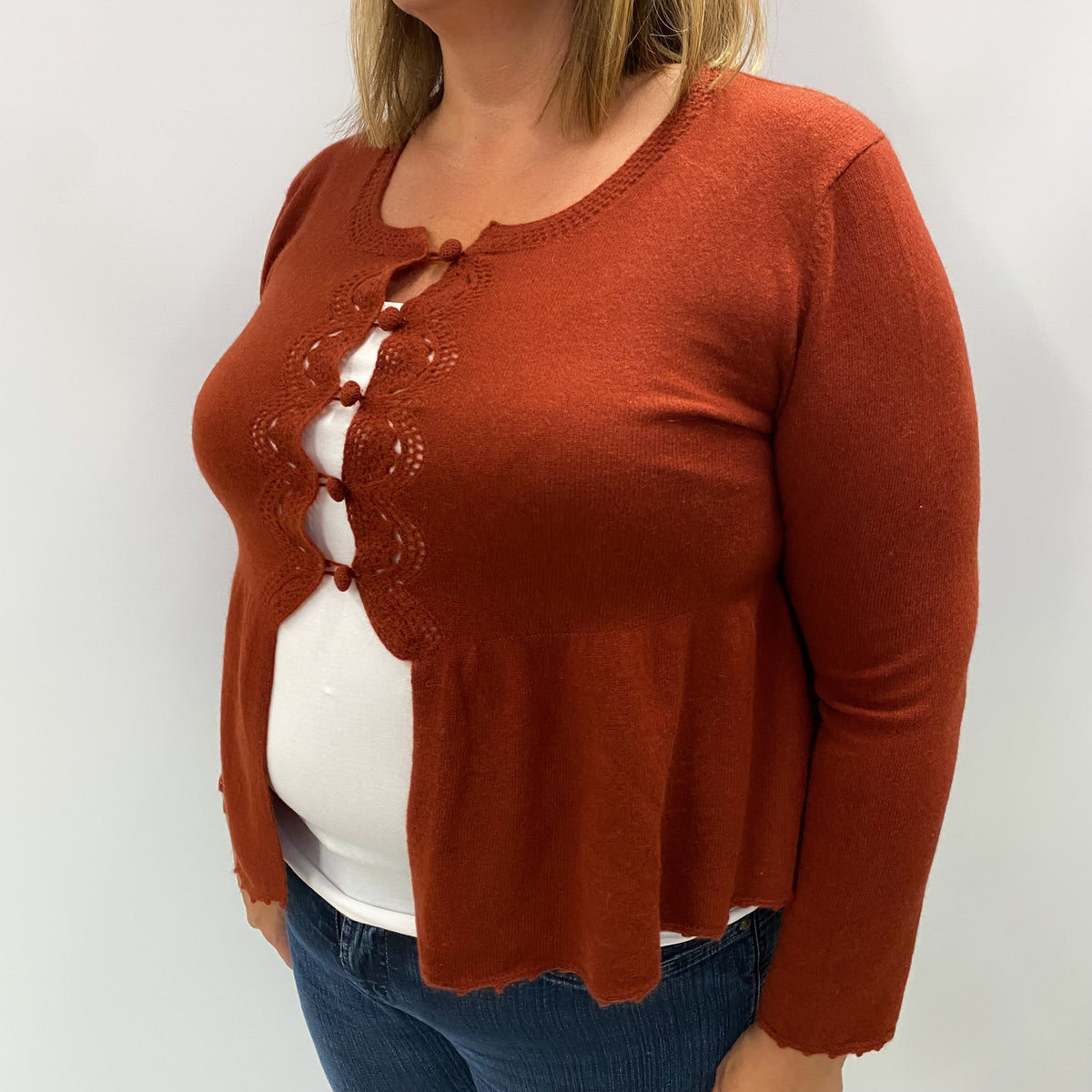 Brick Red Cashmere Crew Neck Cardigan Extra Large
