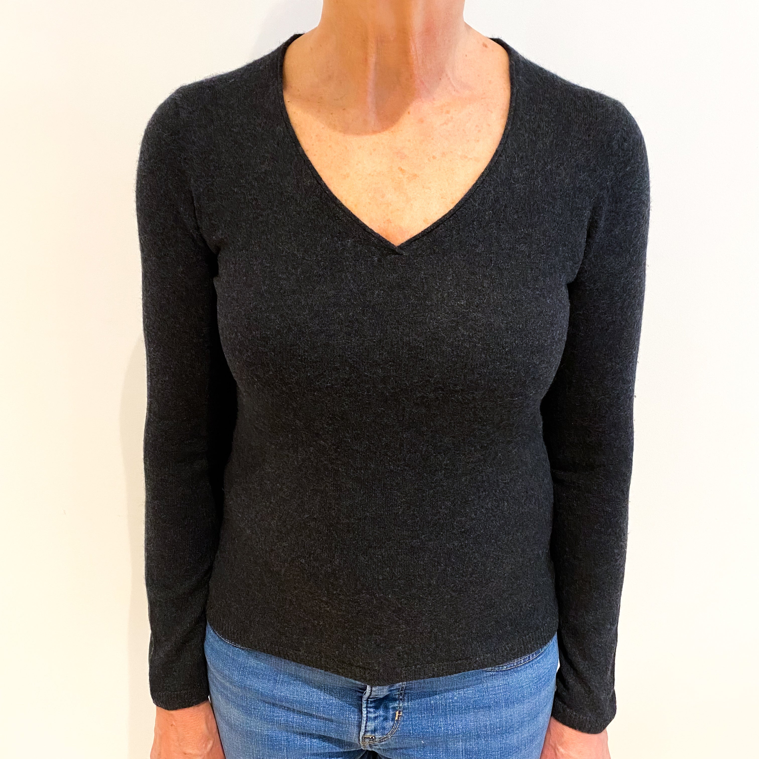 Charcoal Grey Cashmere V Neck Jumper Medium