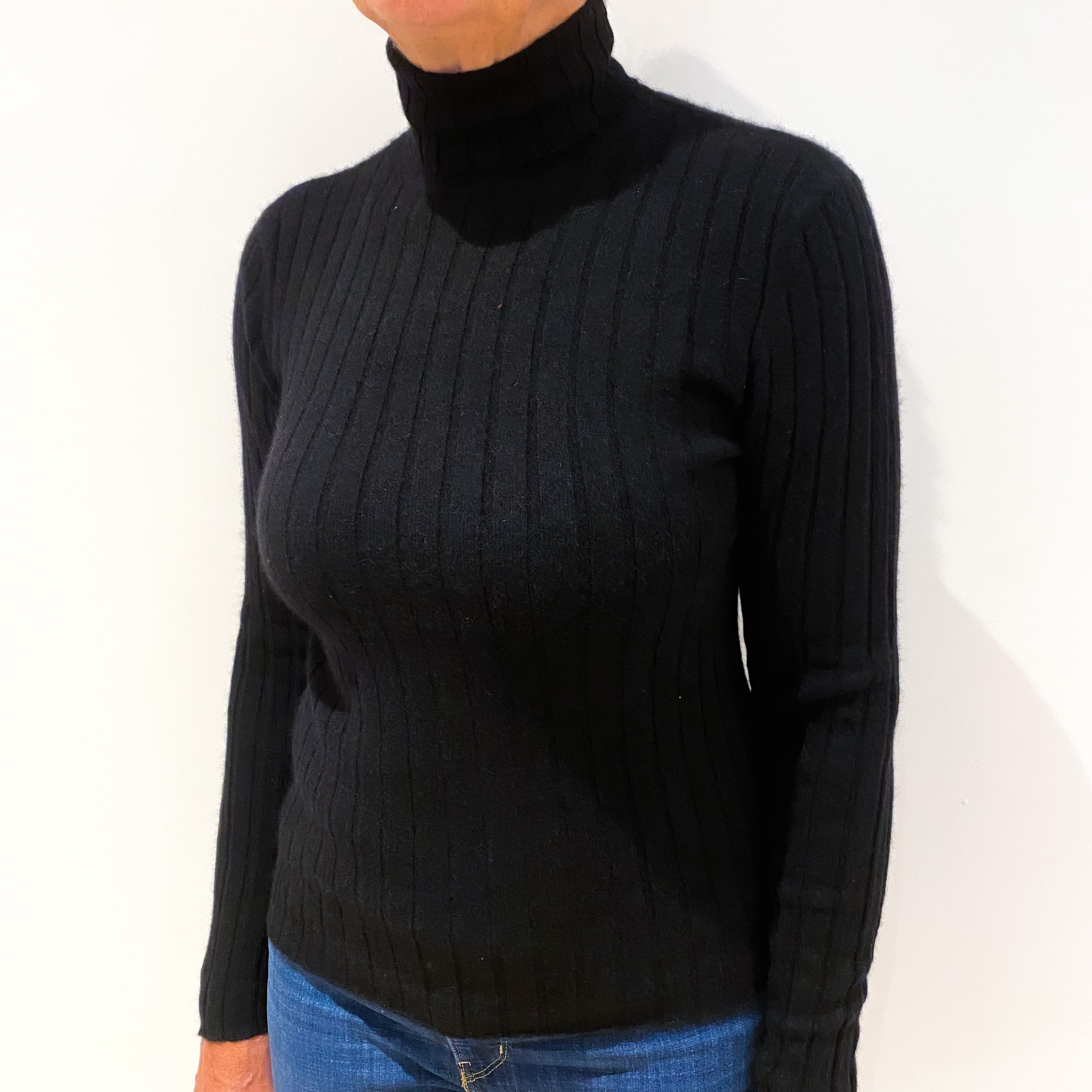 Black Rib Cashmere Polo Neck Jumper Medium