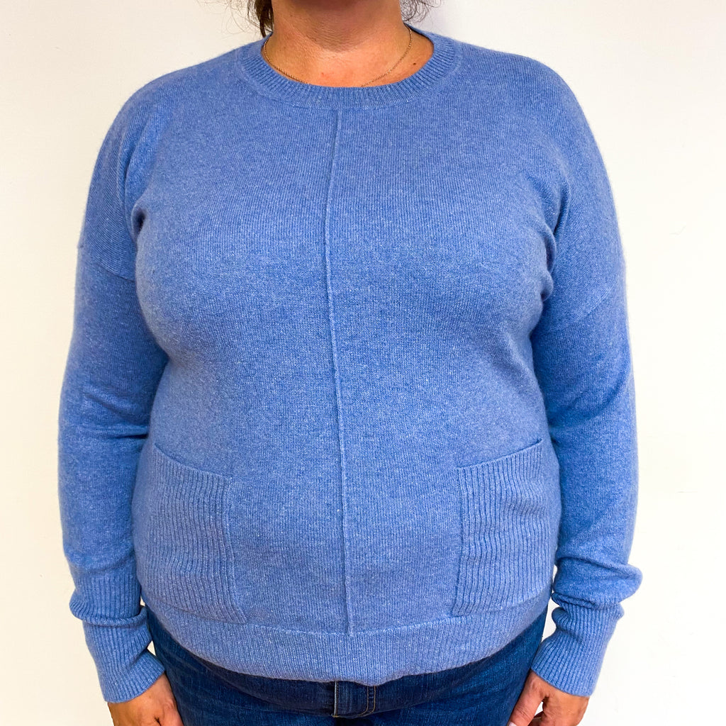 Sky Blue Cashmere Crew Neck Jumper with Pockets Extra Large