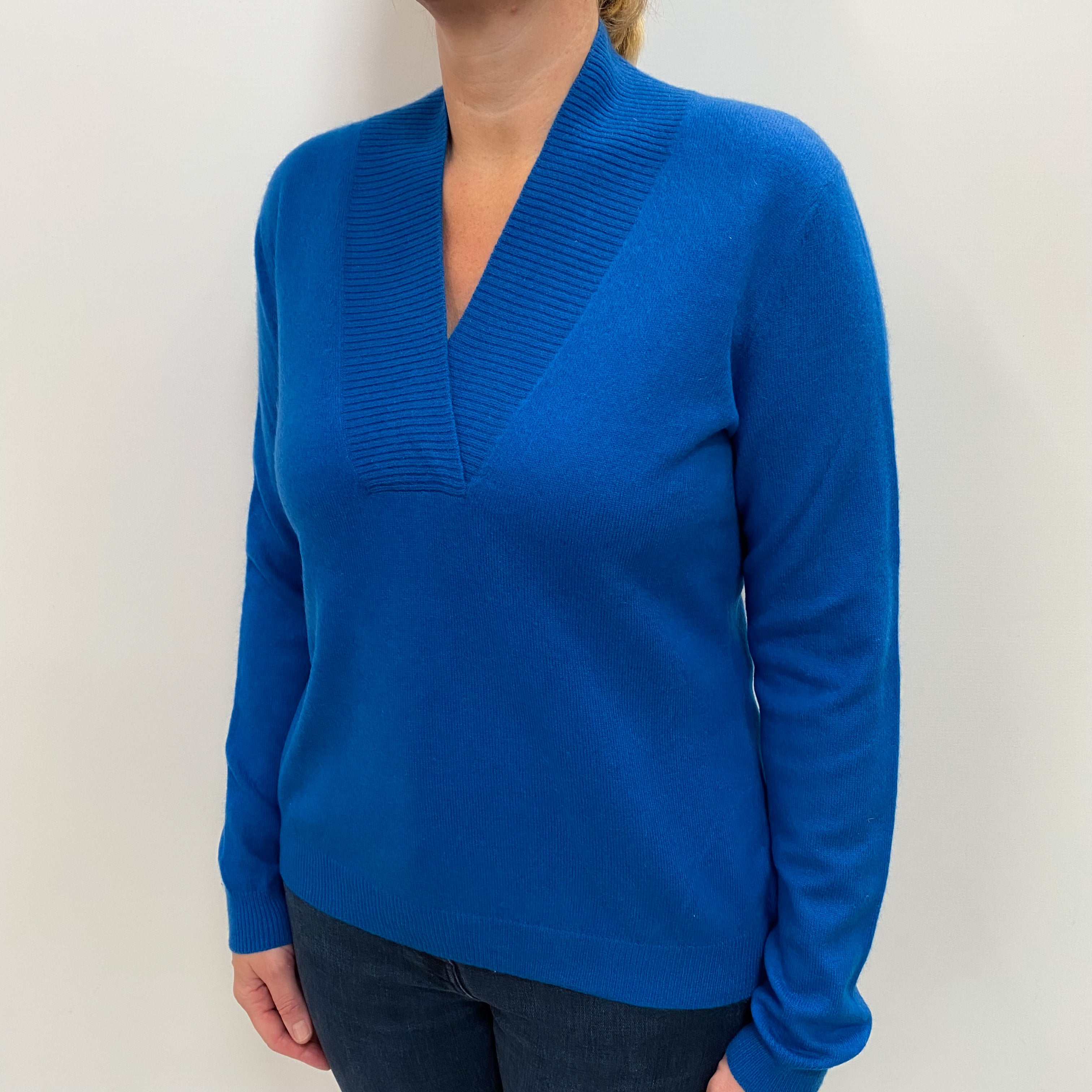 Peacock Blue Cashmere V Neck Jumper Large