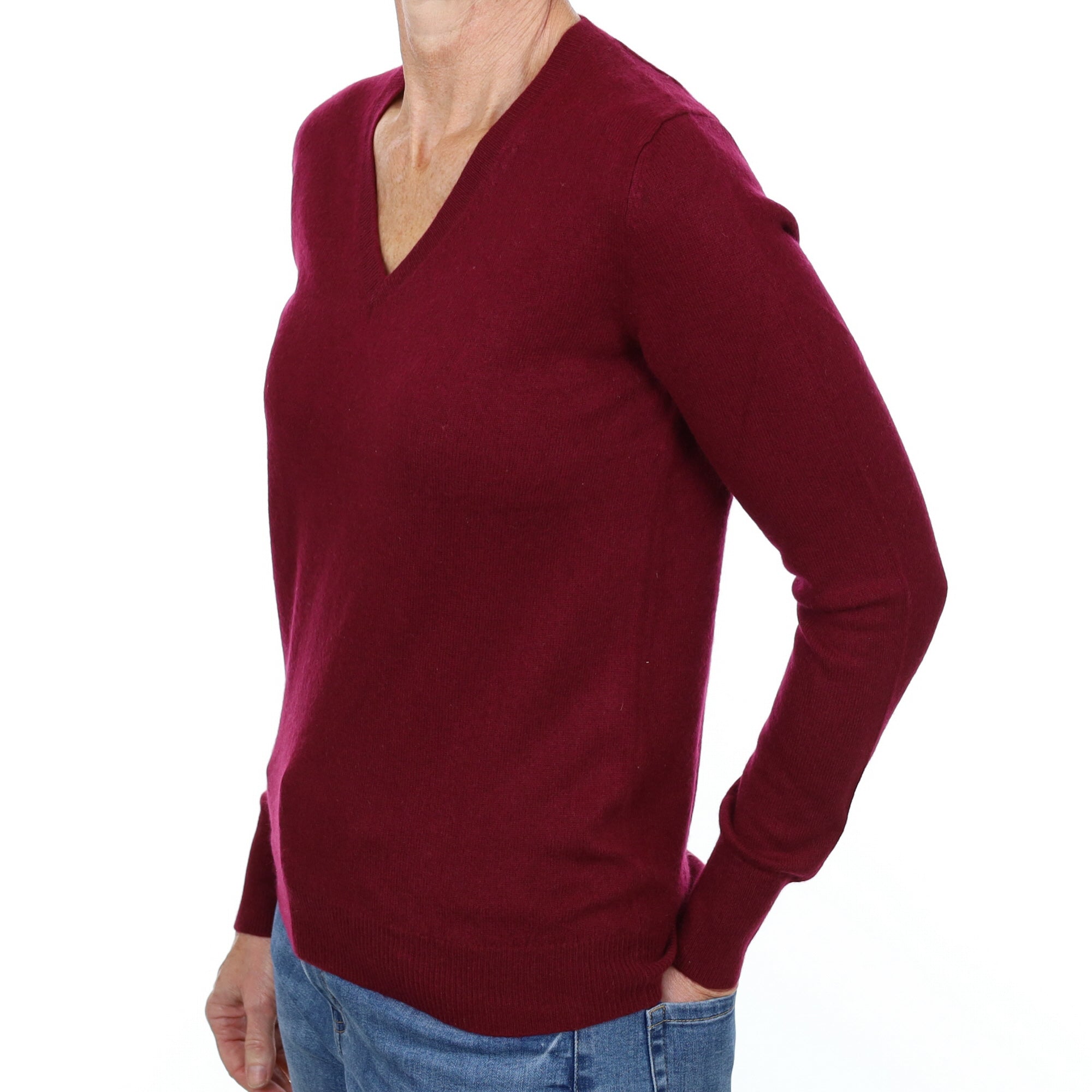 Wine Red Cashmere V Neck Jumper Small