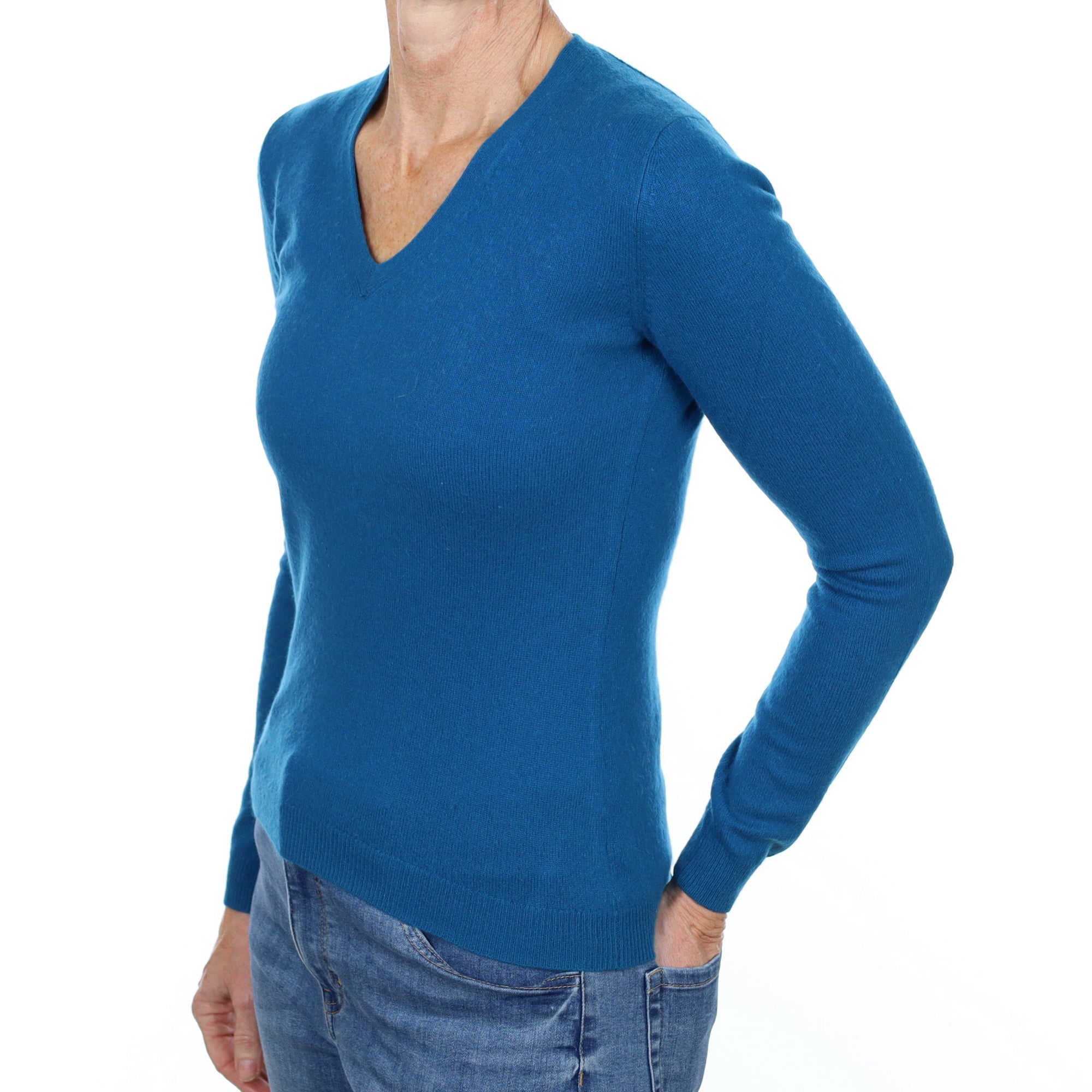 Teal Blue Cashmere V Neck Jumper Small