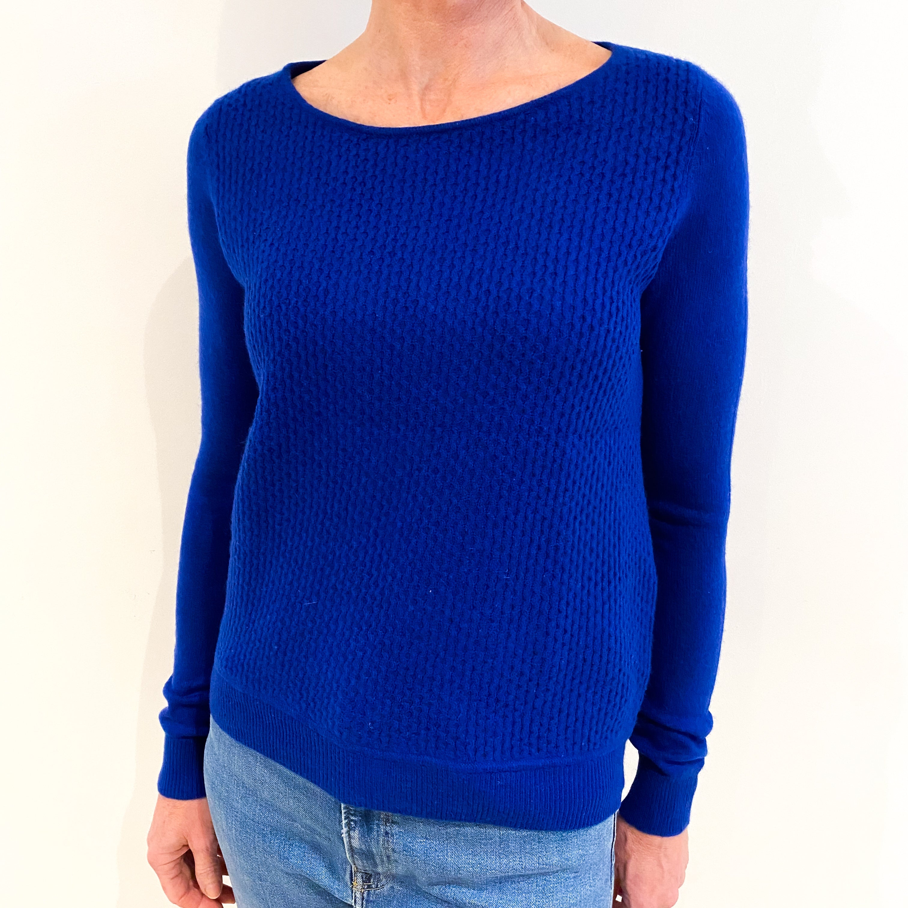 Admiral Blue Cashmere Crew Neck Textured Knit Jumper Small