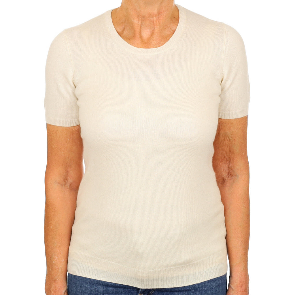 Vanilla Cream Cashmere Crew Neck Short Sleeved Jumper Medium