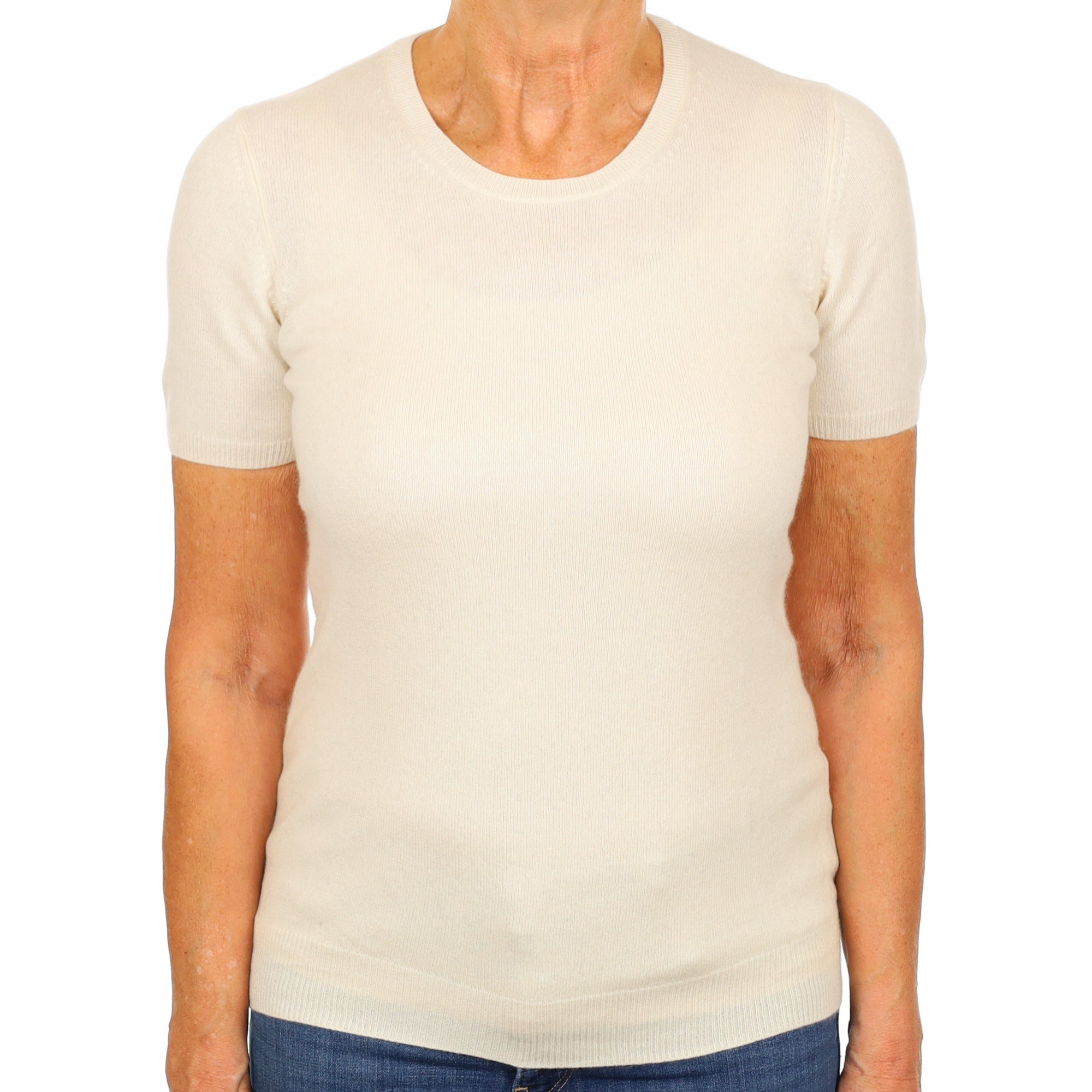 Vanilla Cream Cashmere Crew Neck Short Sleeved Jumper Medium