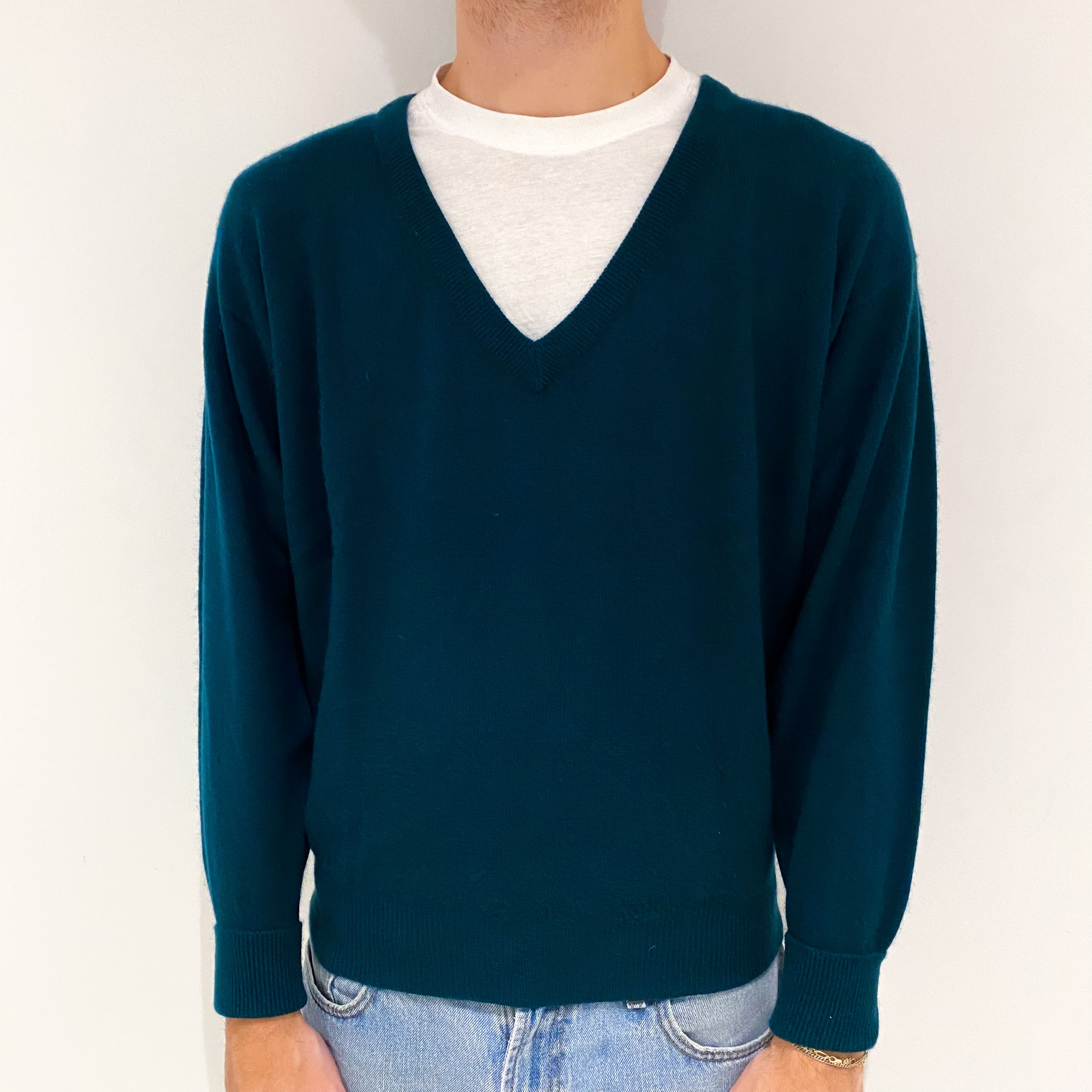 Men's Forest Green Cashmere V-Neck Jumper Large