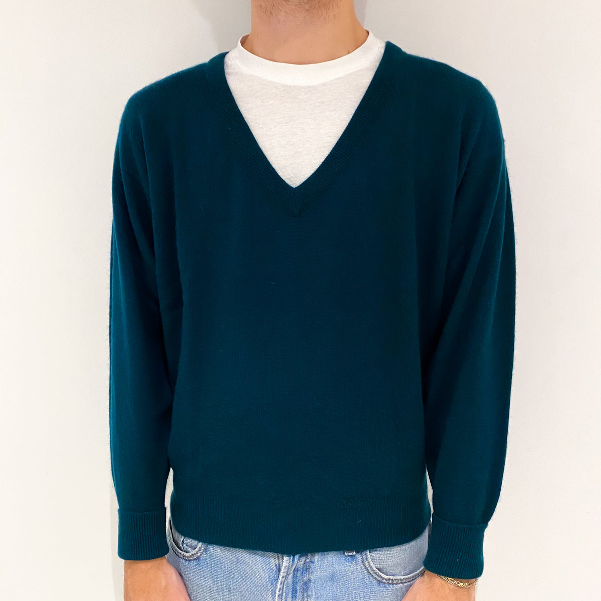 Men's Forest Green Cashmere V-Neck Jumper Large