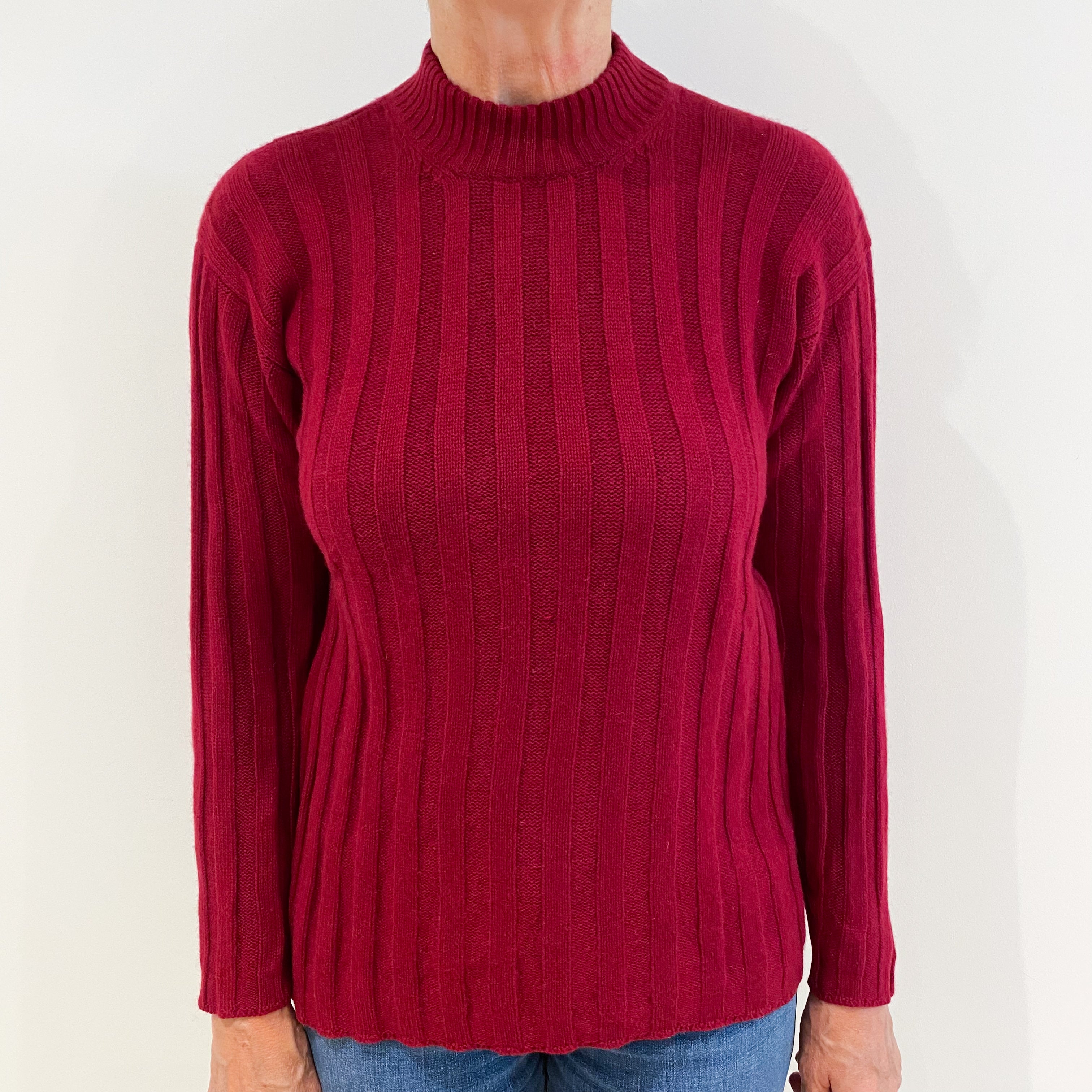 Crimson Red Ribbed Cashmere High Crew Neck Jumper Medium
