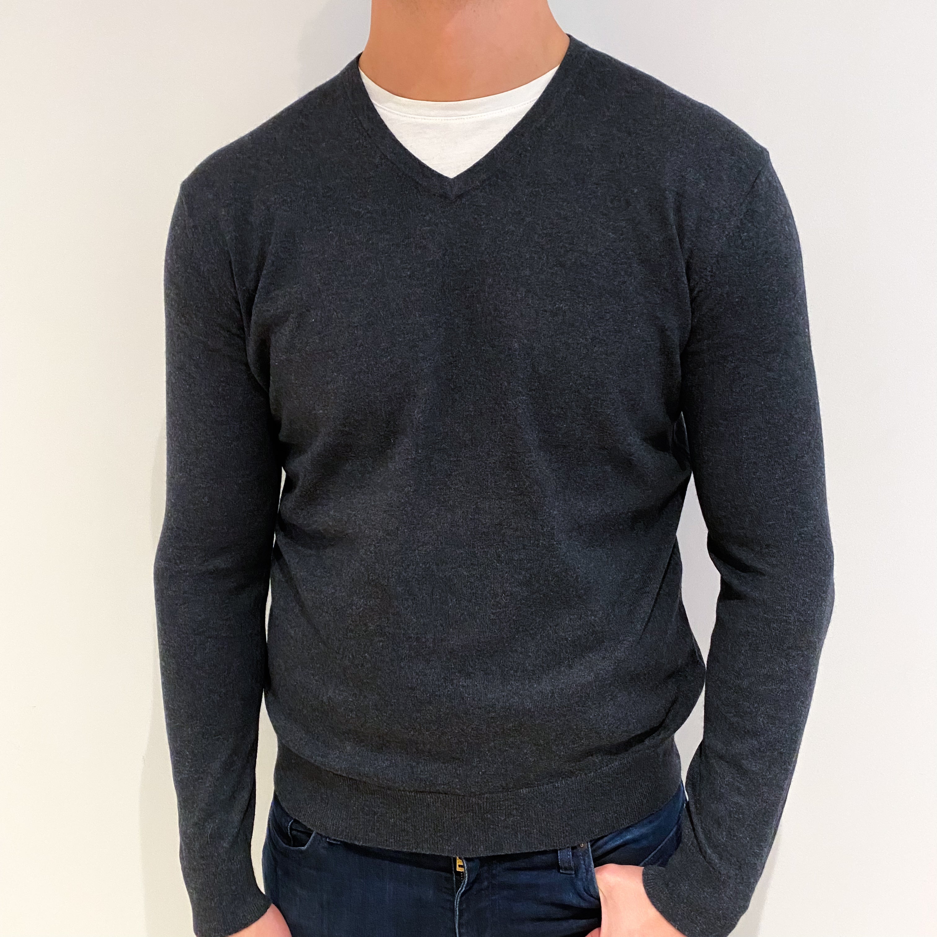 Men's Charcoal Grey Cashmere V Neck Jumper XL