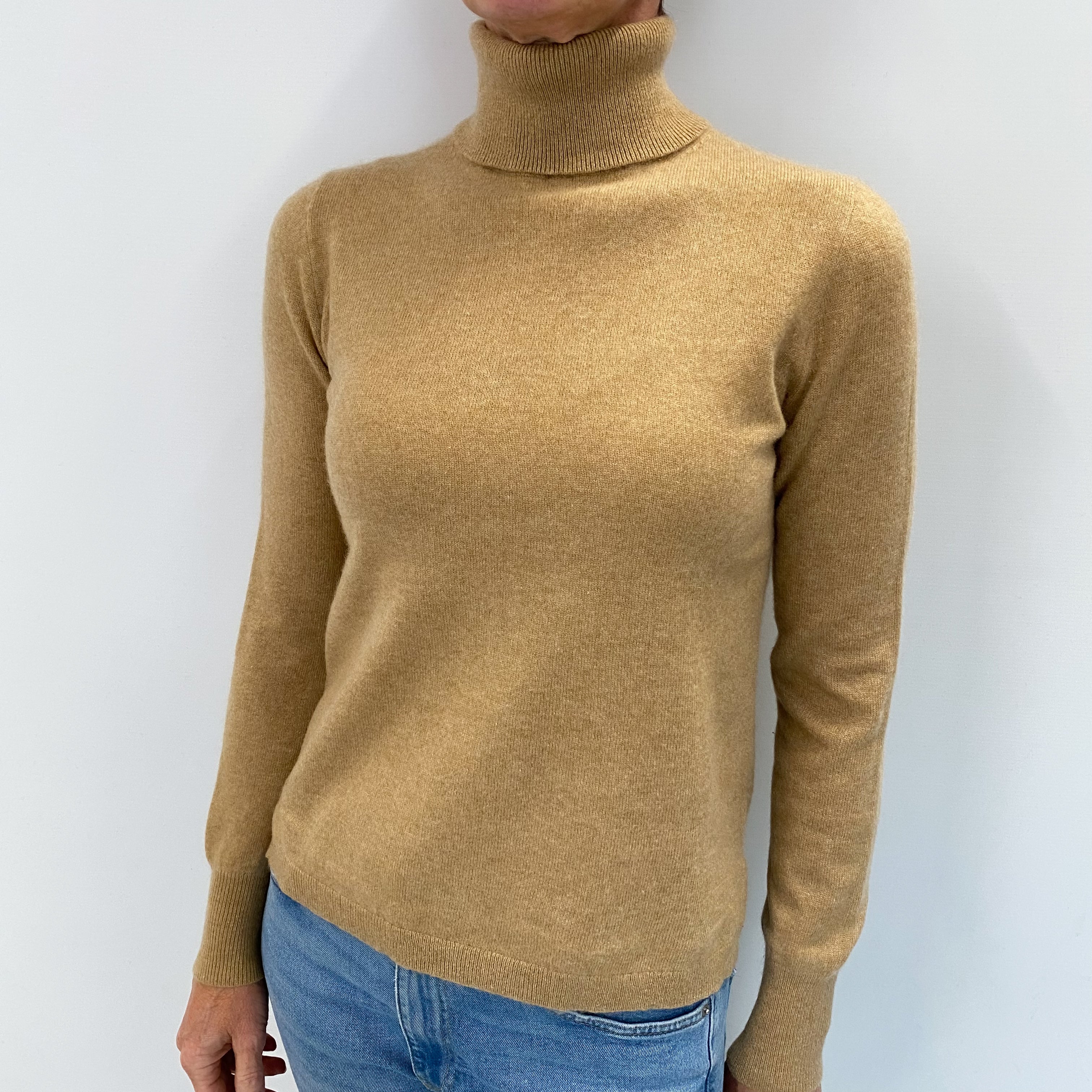 Camel Brown Cashmere Polo Neck Jumper Small