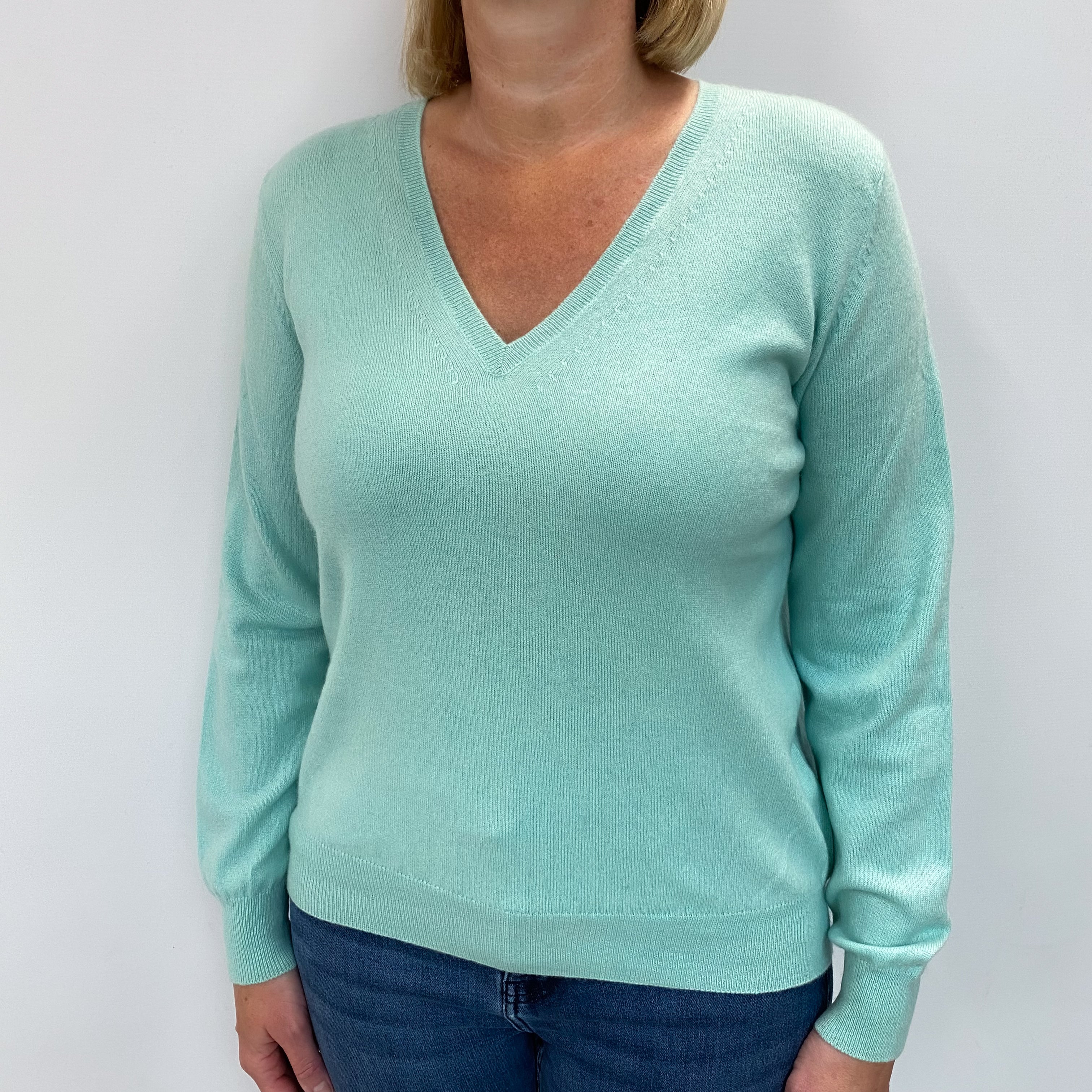 Deep Mint Cashmere V Neck Jumper Large