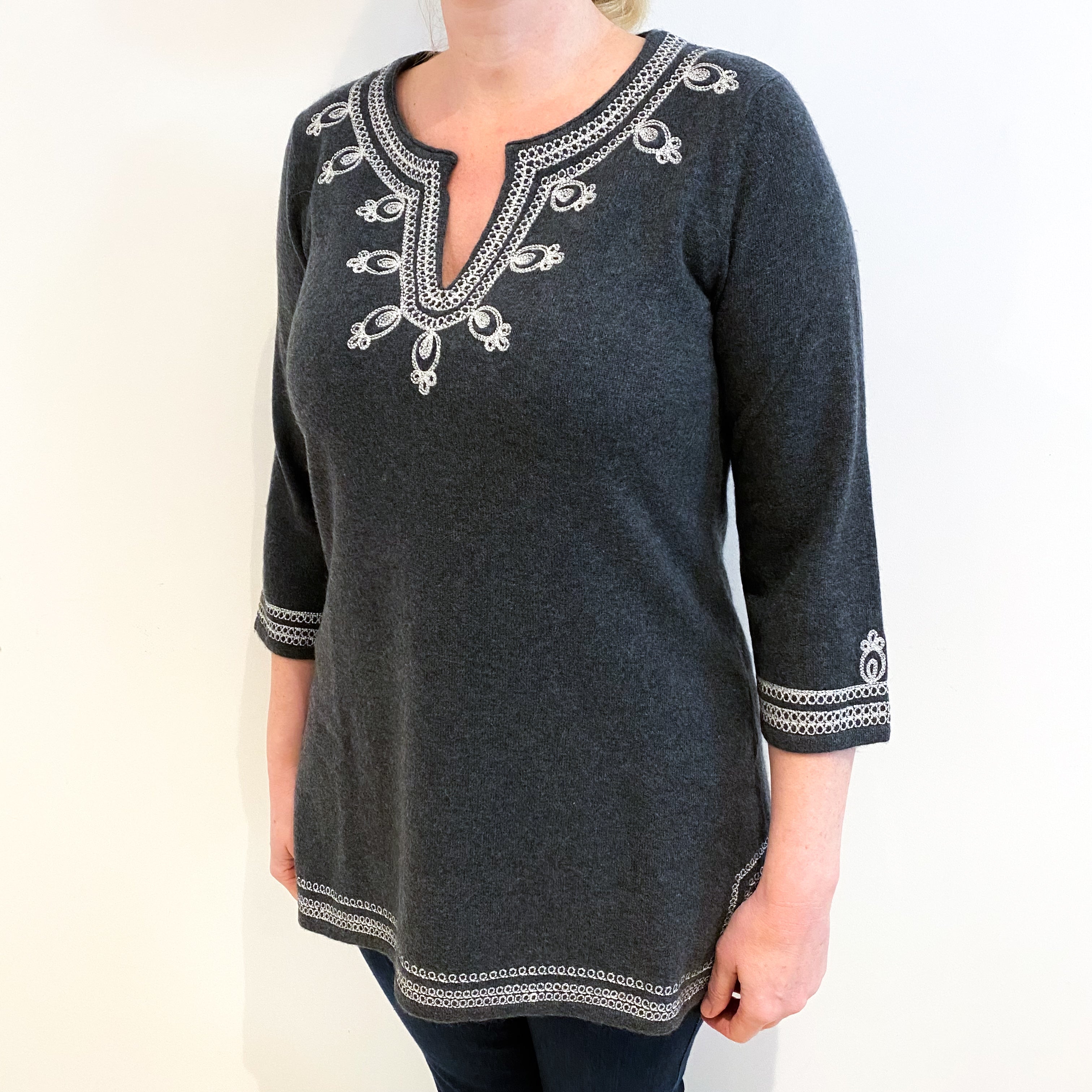 Grey Kaftan Style Cashmere Notch Neck Jumper Large