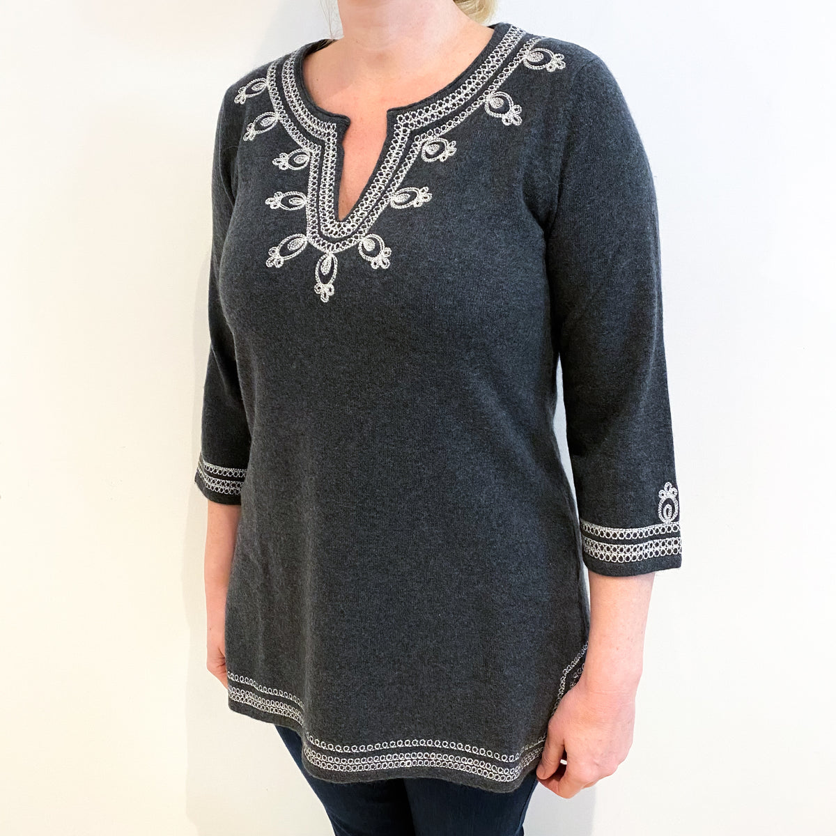 Grey Kaftan Style Cashmere Notch Neck Jumper Large