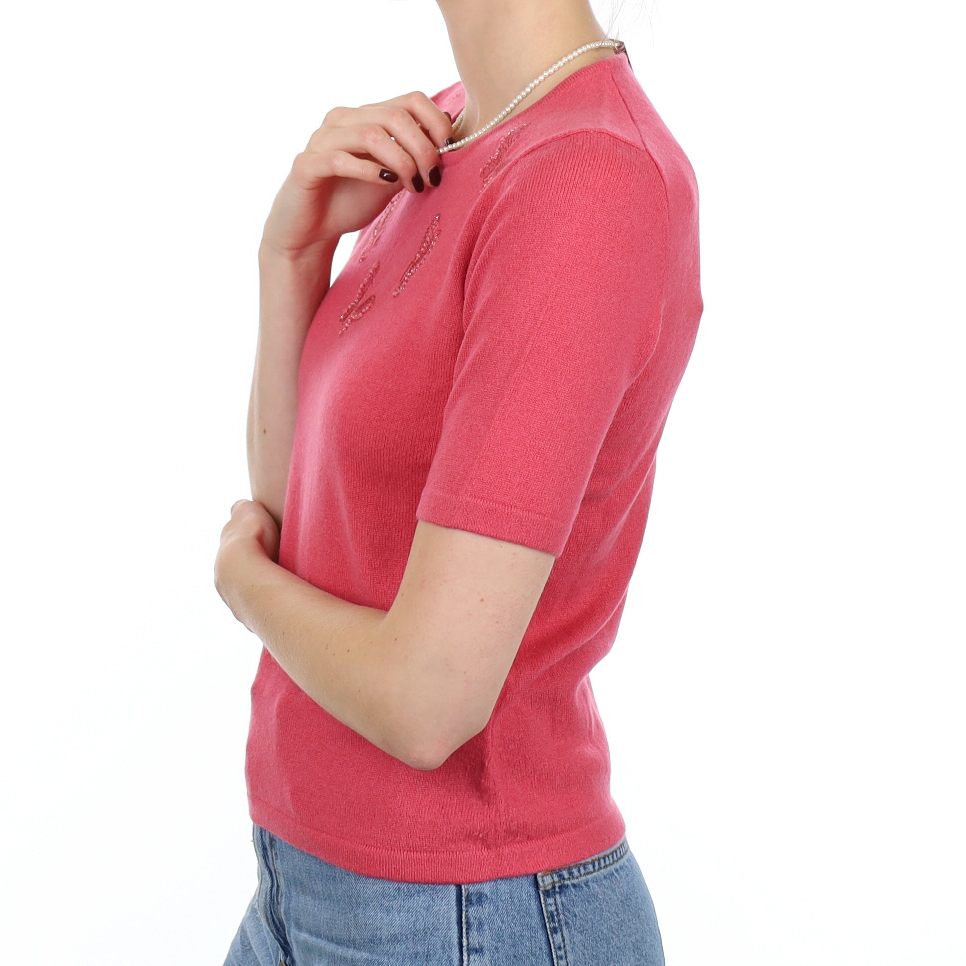 Strawberry Pink Embellished Cashmere Short Sleeve Crew Neck Jumper Small