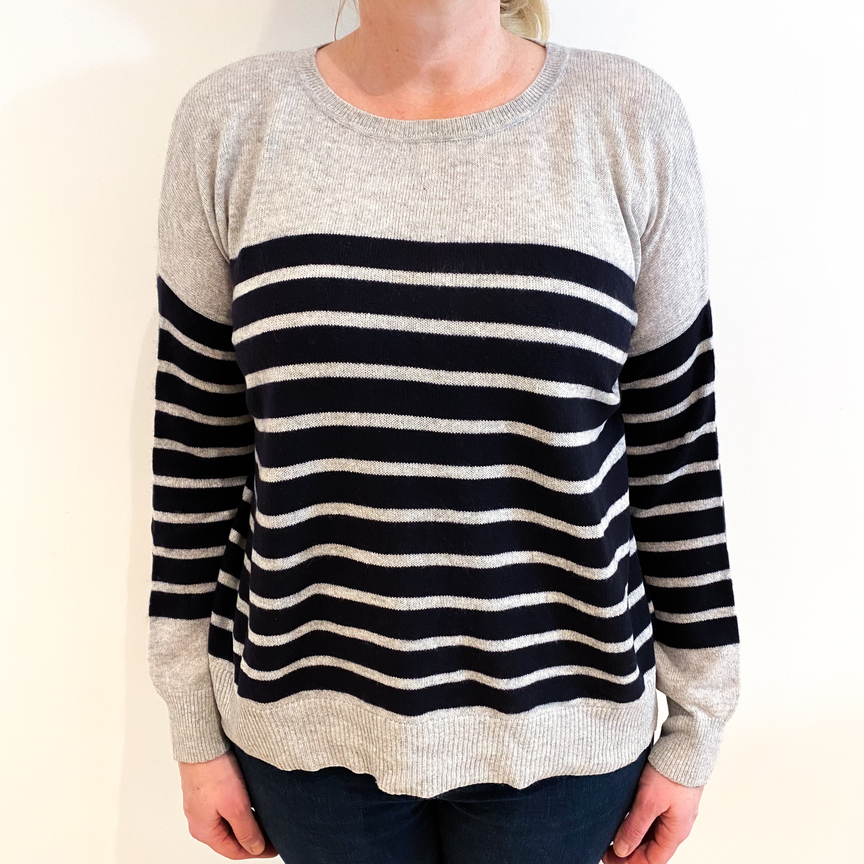 Grey and Navy Stripe Cashmere Crew Neck Jumper Large