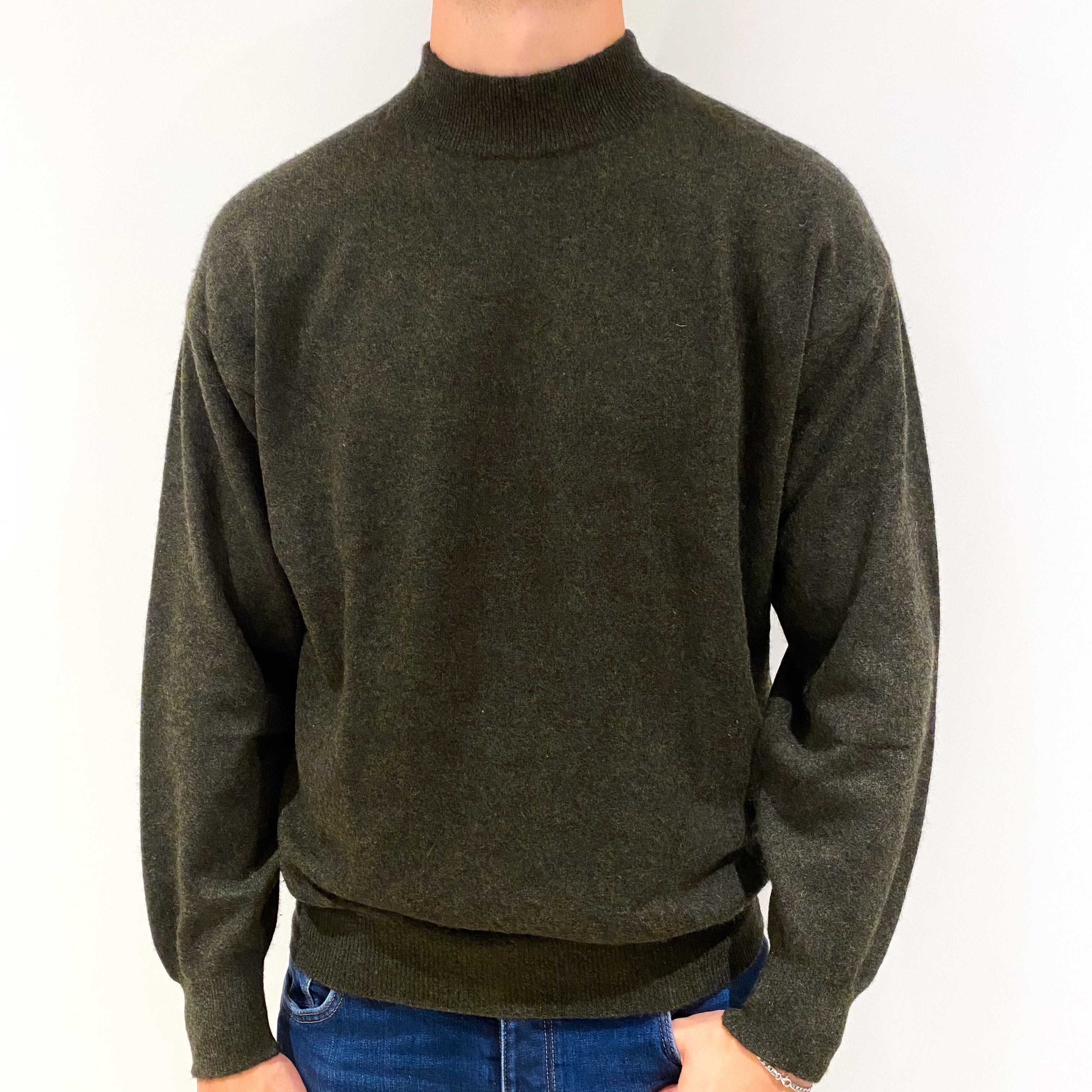 Men's Dark Moss Green Cashmere Turtle Neck Jumper Extra Large