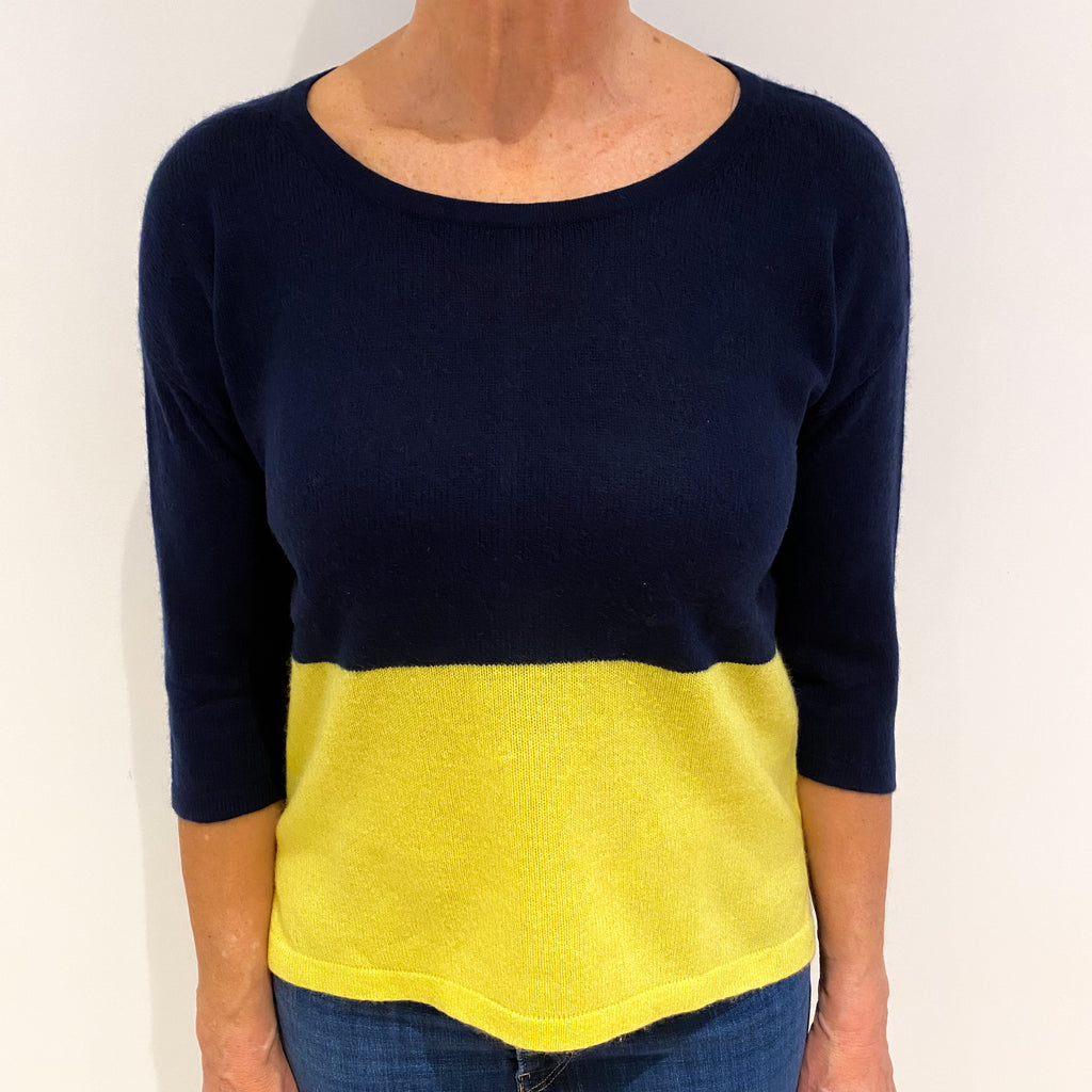 Navy and Chartreuse Cashmere Crew Neck Jumper Medium