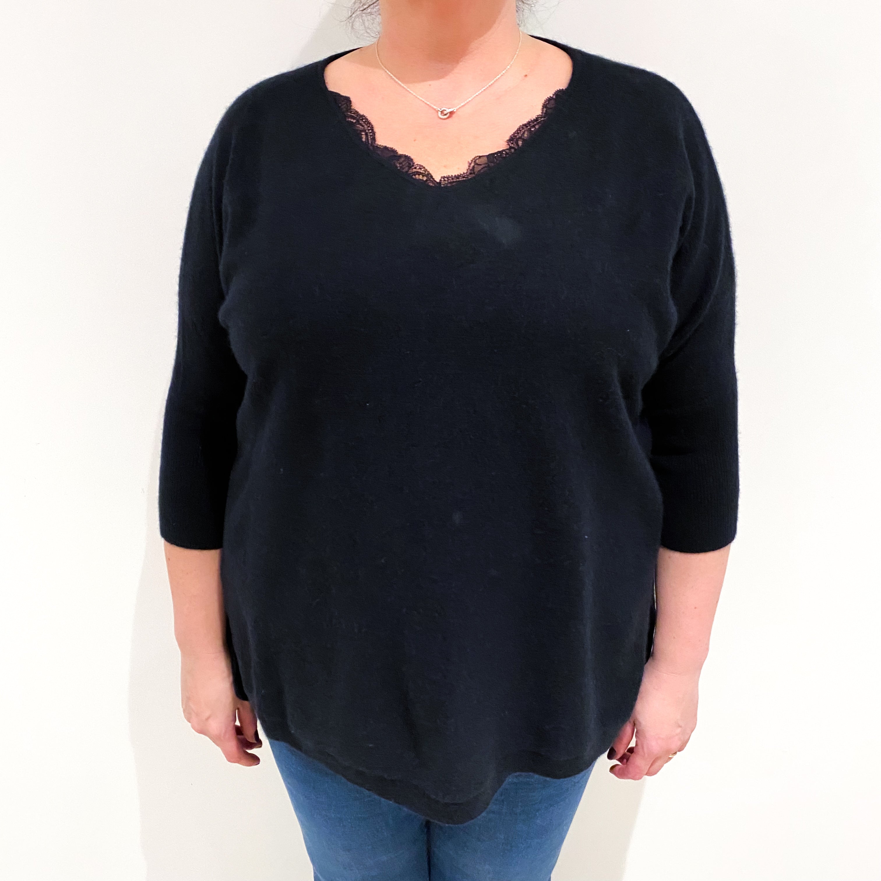 Black Cashmere Lace Trimmed V Neck Jumper Extra Large