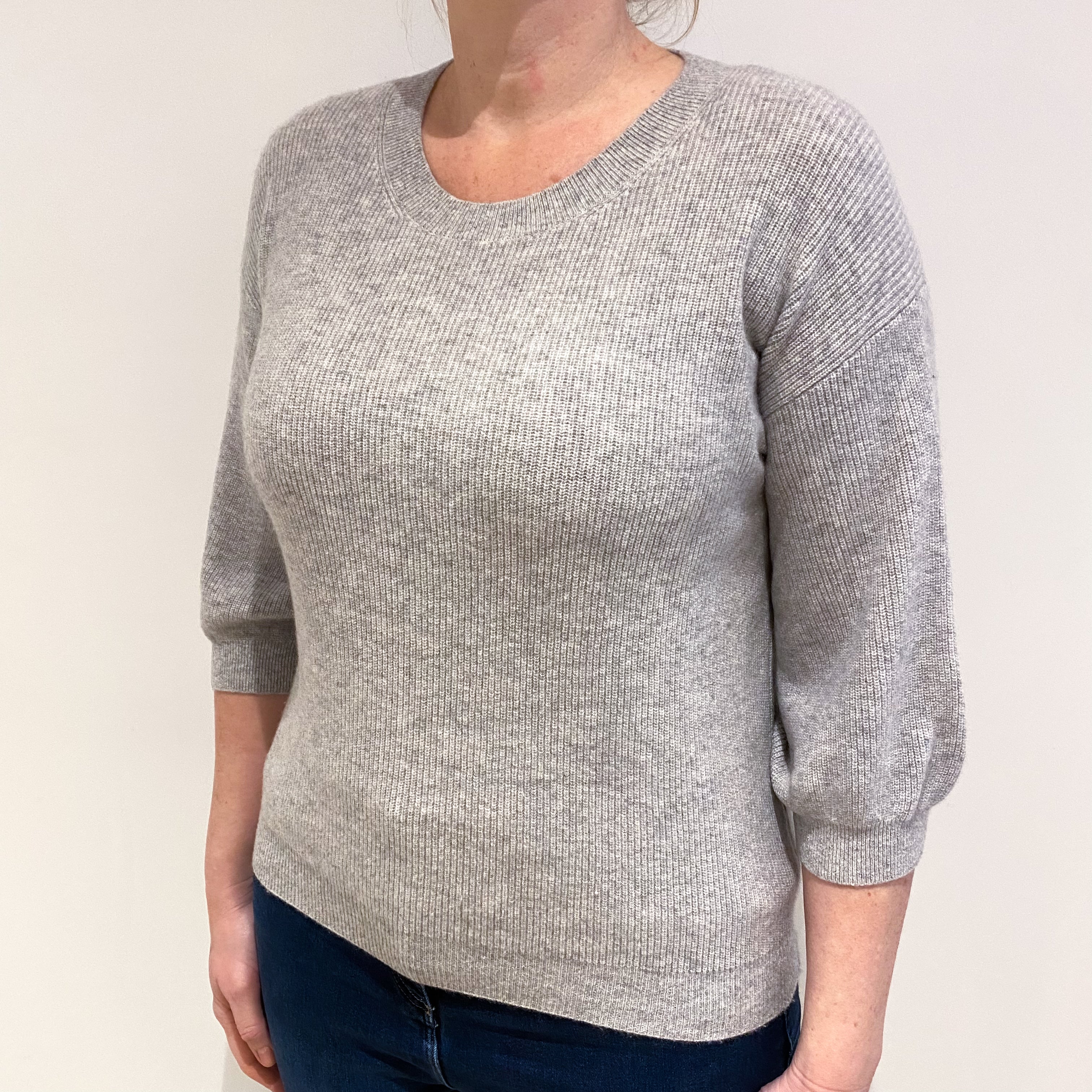 Smoke Grey Cashmere 3/4 Sleeved Crew Neck Jumper Large