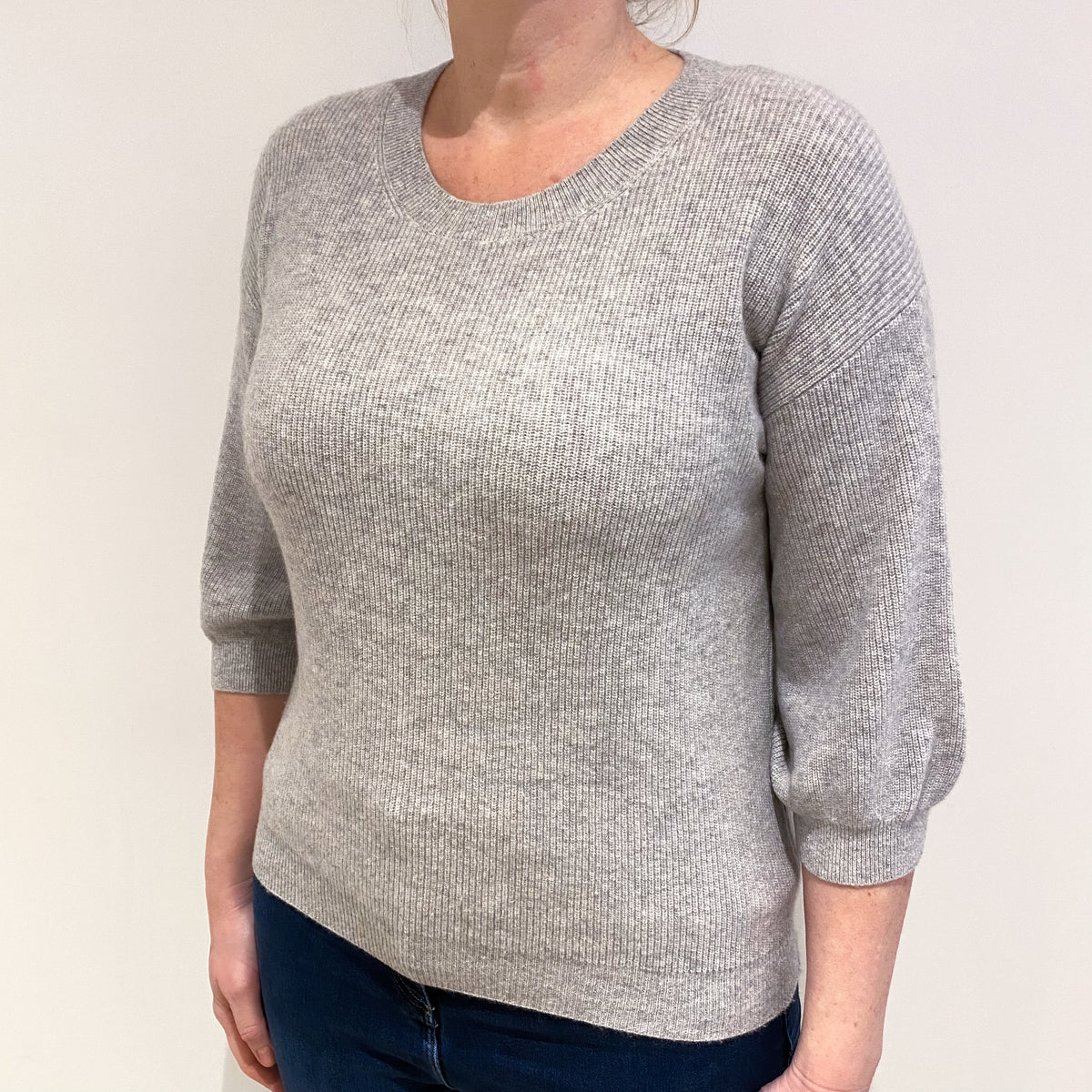 Smoke Grey Cashmere 3/4 Sleeved Crew Neck Jumper Large