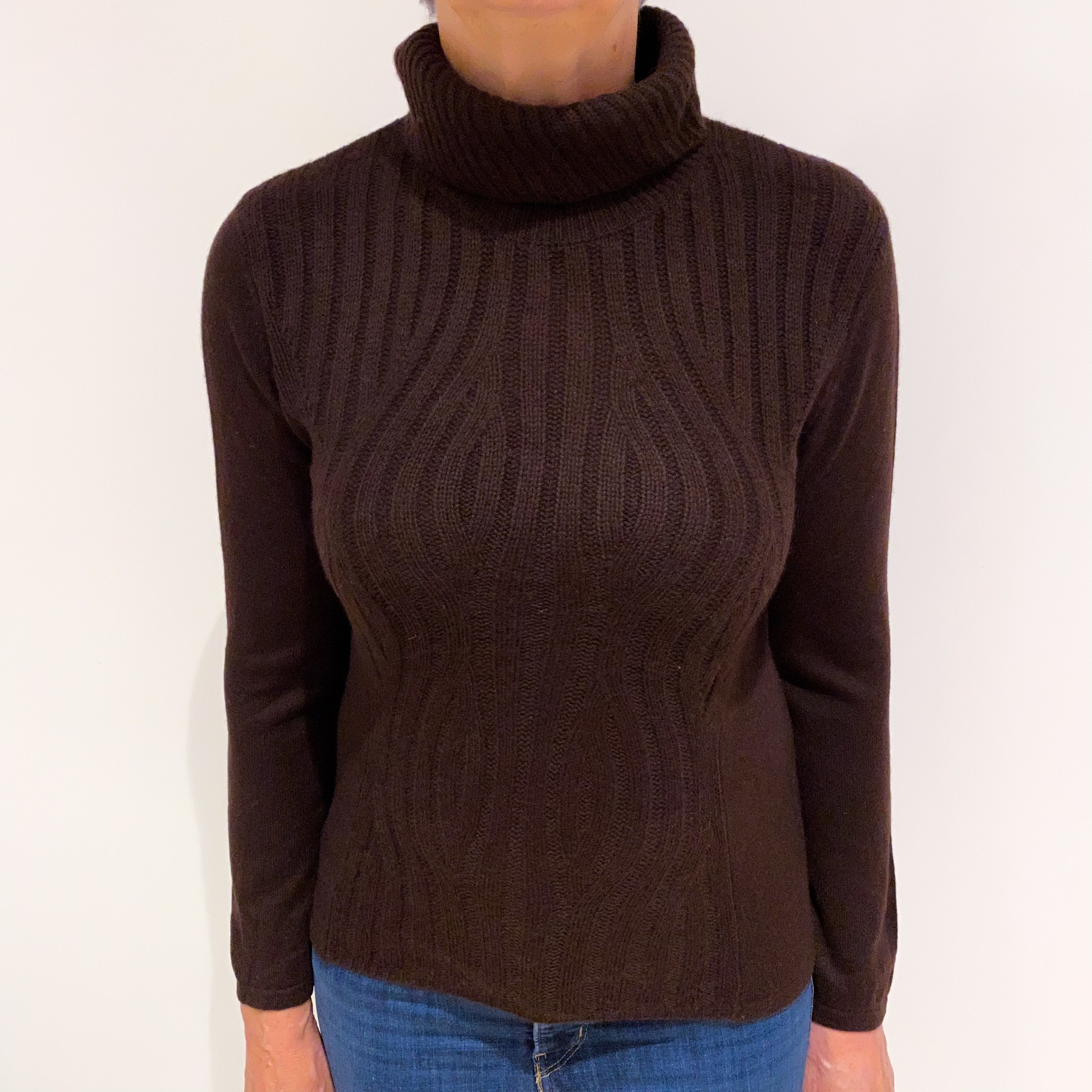 Dark Chocolate Brown Cashmere Polo Neck Jumper Medium