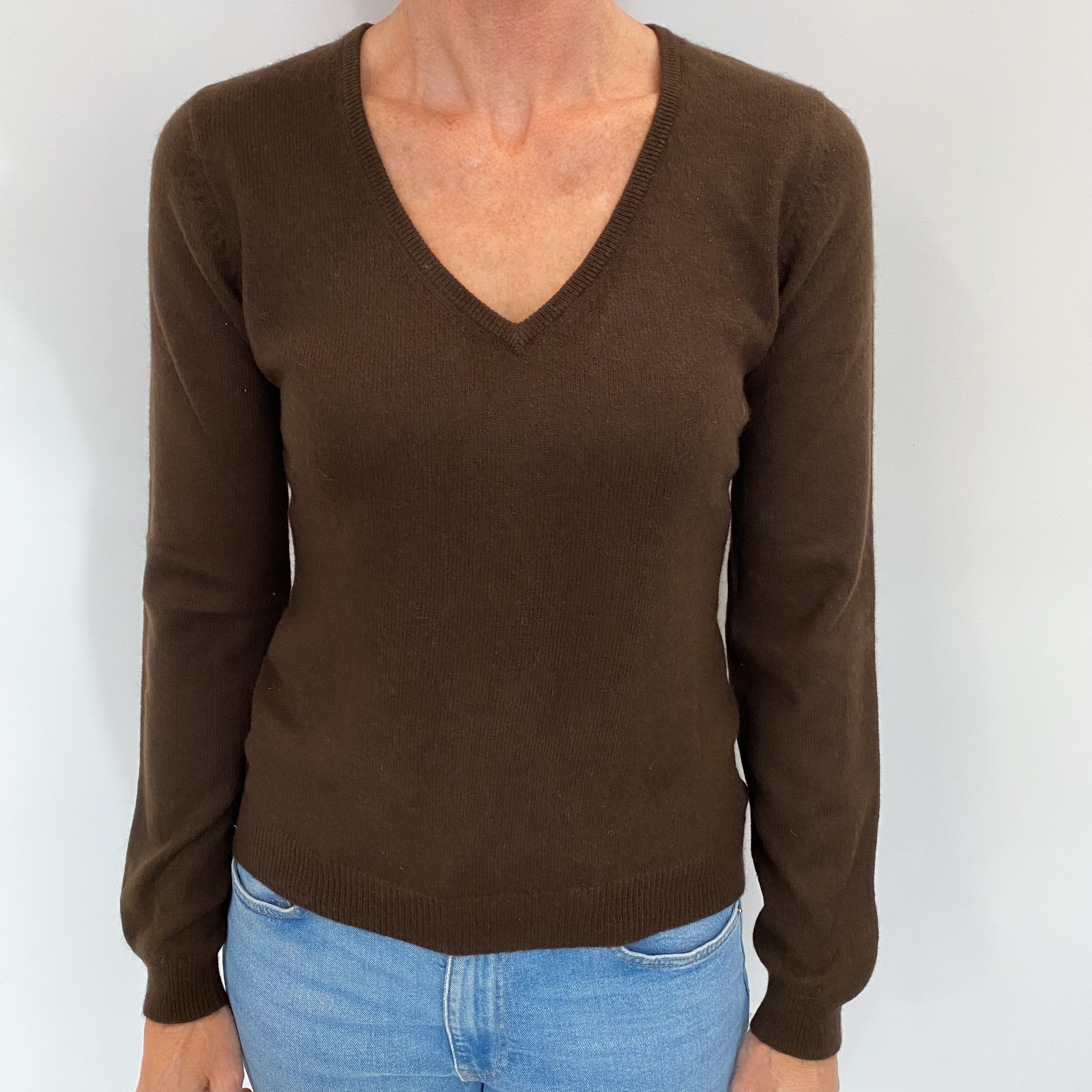 Peppercorn Brown Cashmere V Neck Jumper Small