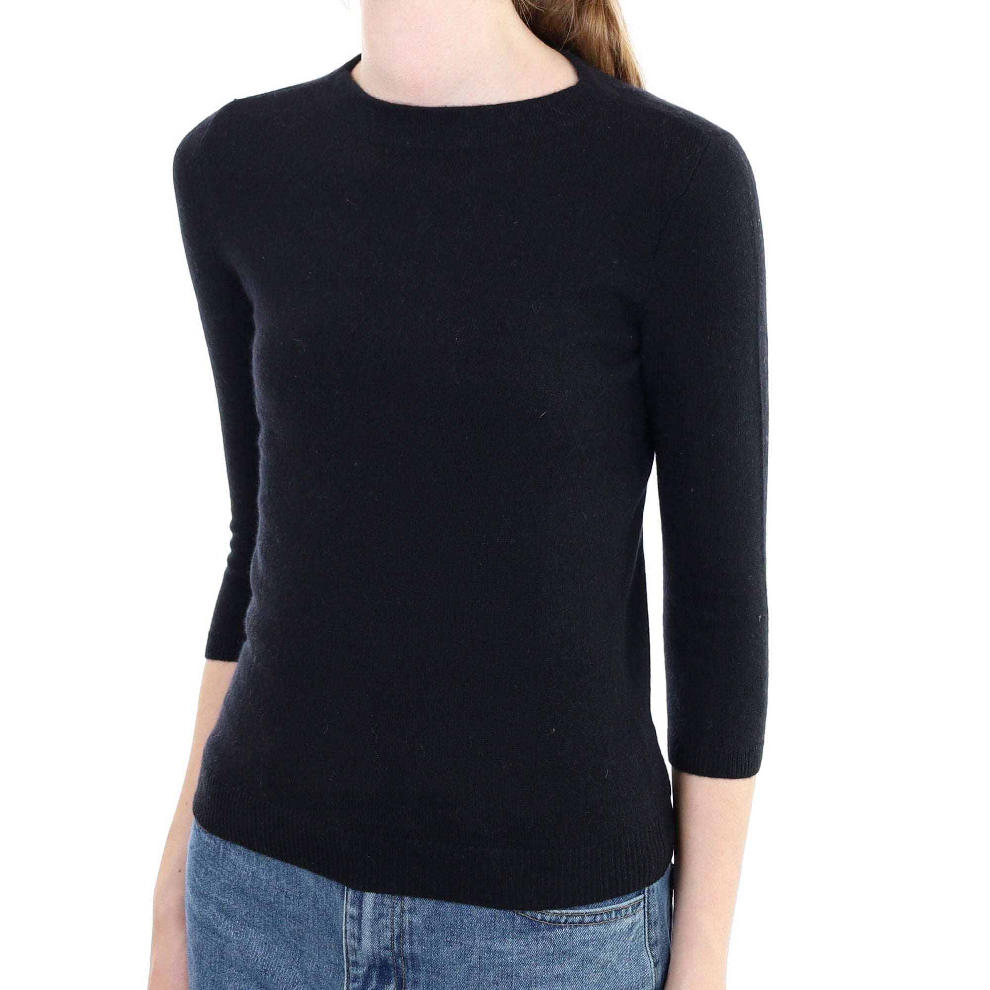 Black Cashmere 3/4 Sleeve High Crew Neck Jumper Extra Small