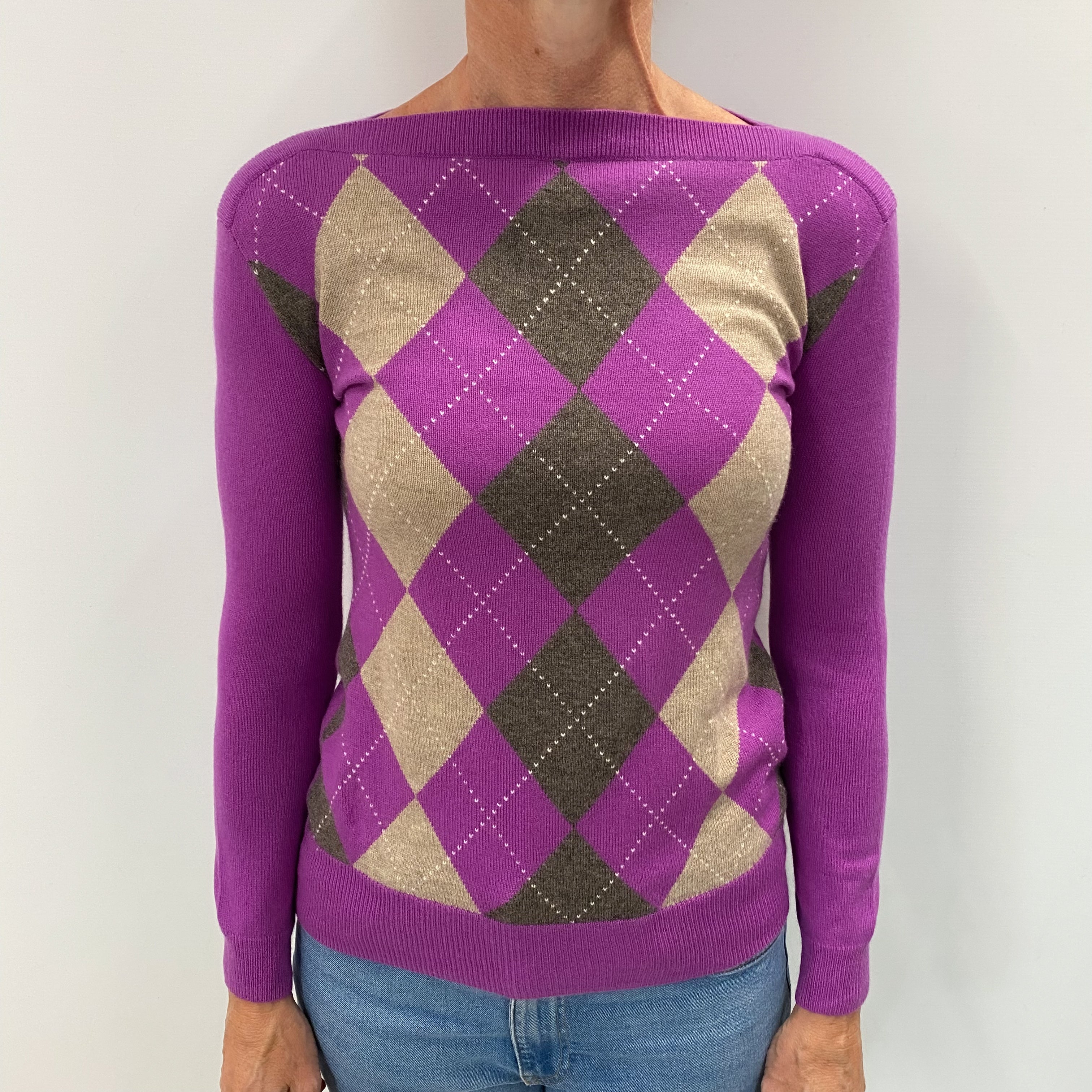 Loganberry Purple Argyle Cashmere Slash Neck Jumper Small