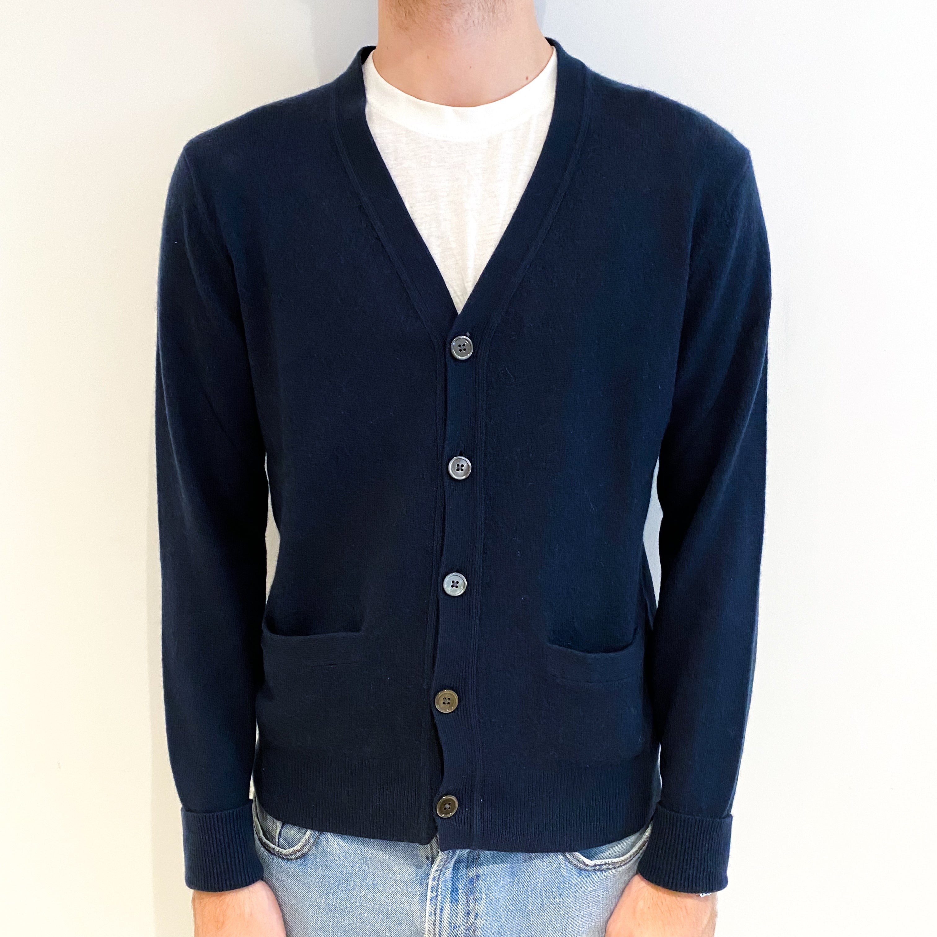 Men's Navy Blue Cashmere V Neck Cardigan with Pockets Medium