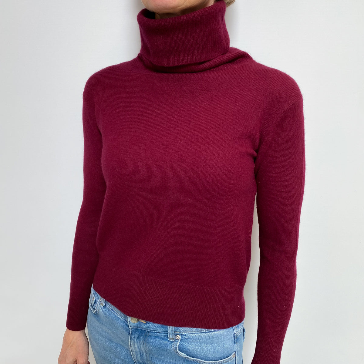 Burgundy Red Cashmere Polo Neck Jumper Small