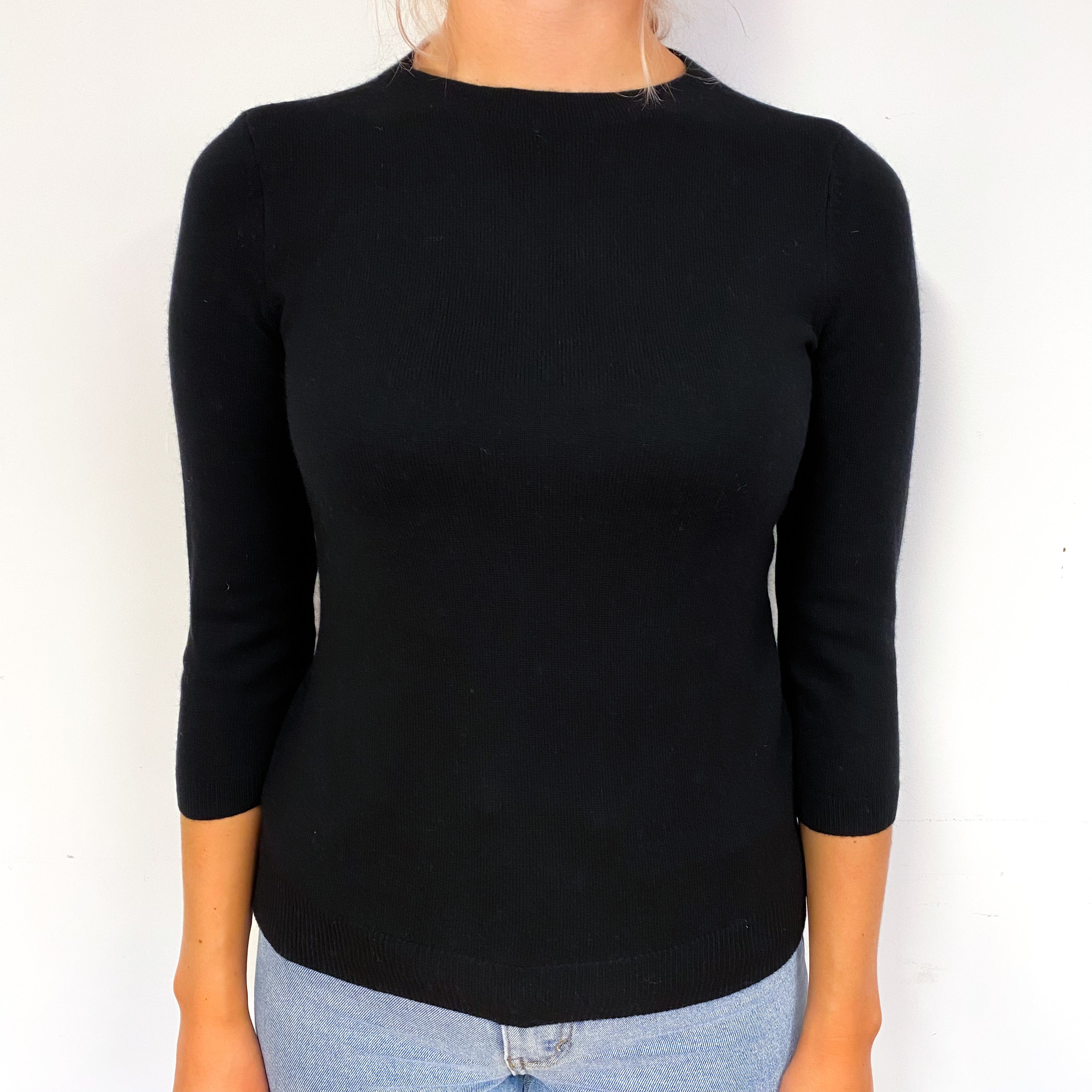 Black 3/4 Sleeved Cashmere Crew Neck Jumper Small