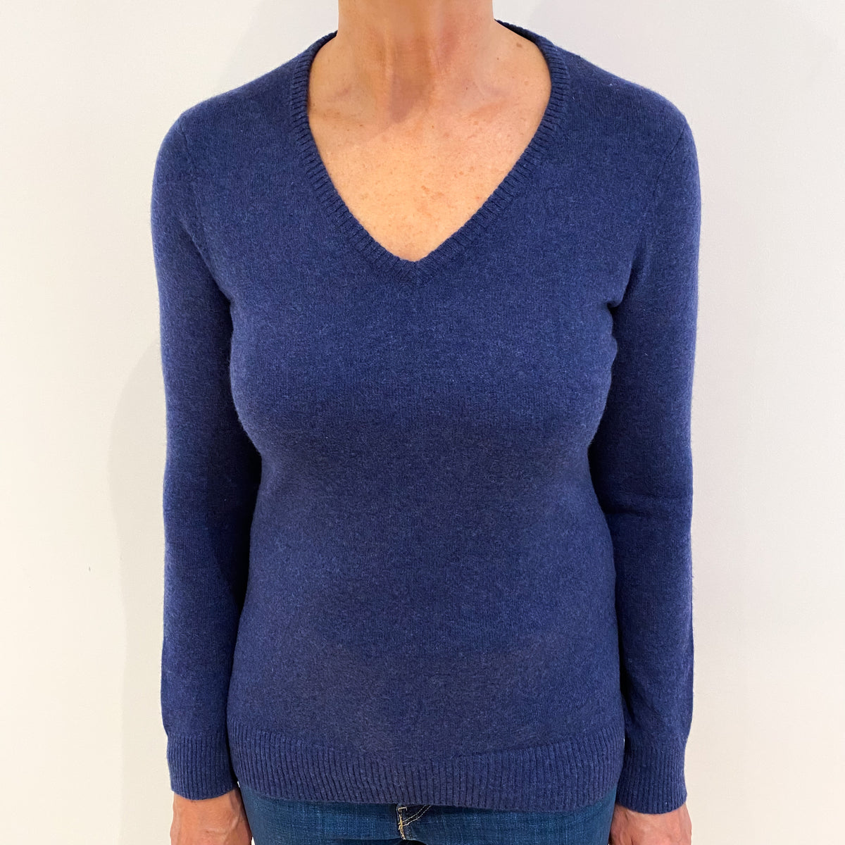 Dark Denim Blue Cashmere V Neck Jumper Medium