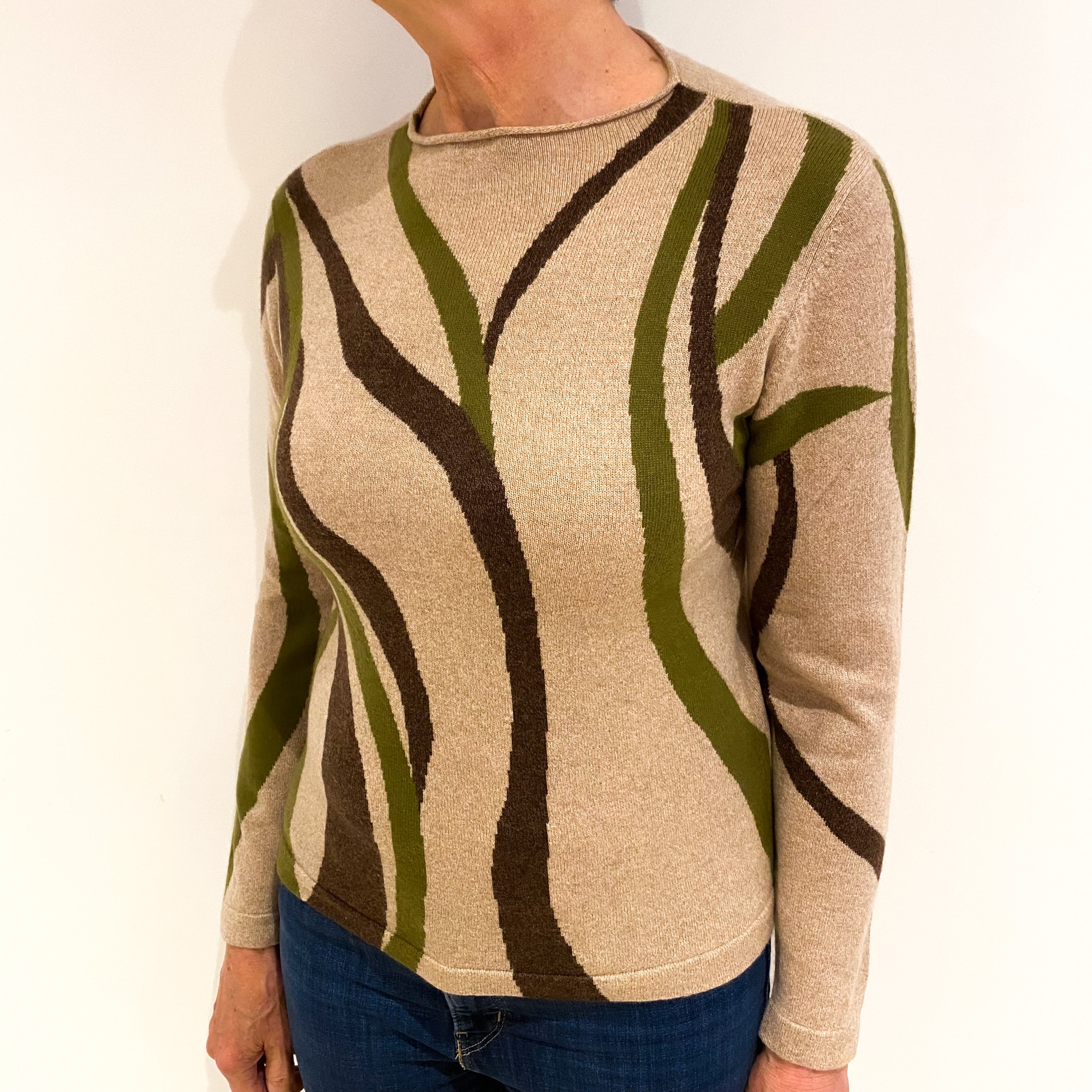 Biscuit Brown Patterned Cashmere Funnel Neck Jumper Medium