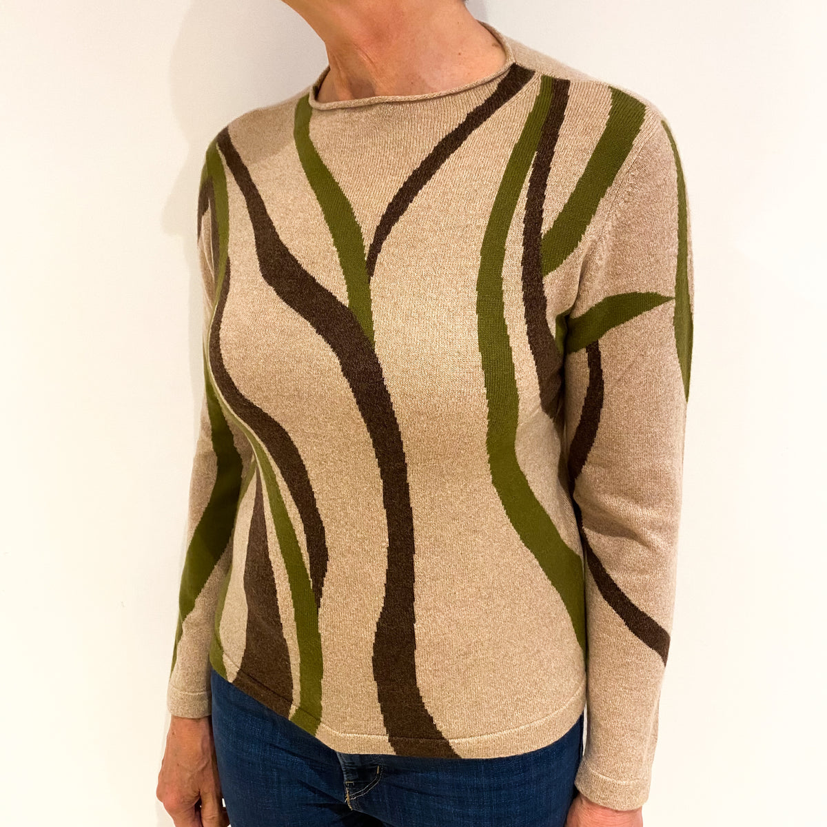 Biscuit Brown Patterned Cashmere Funnel Neck Jumper Medium
