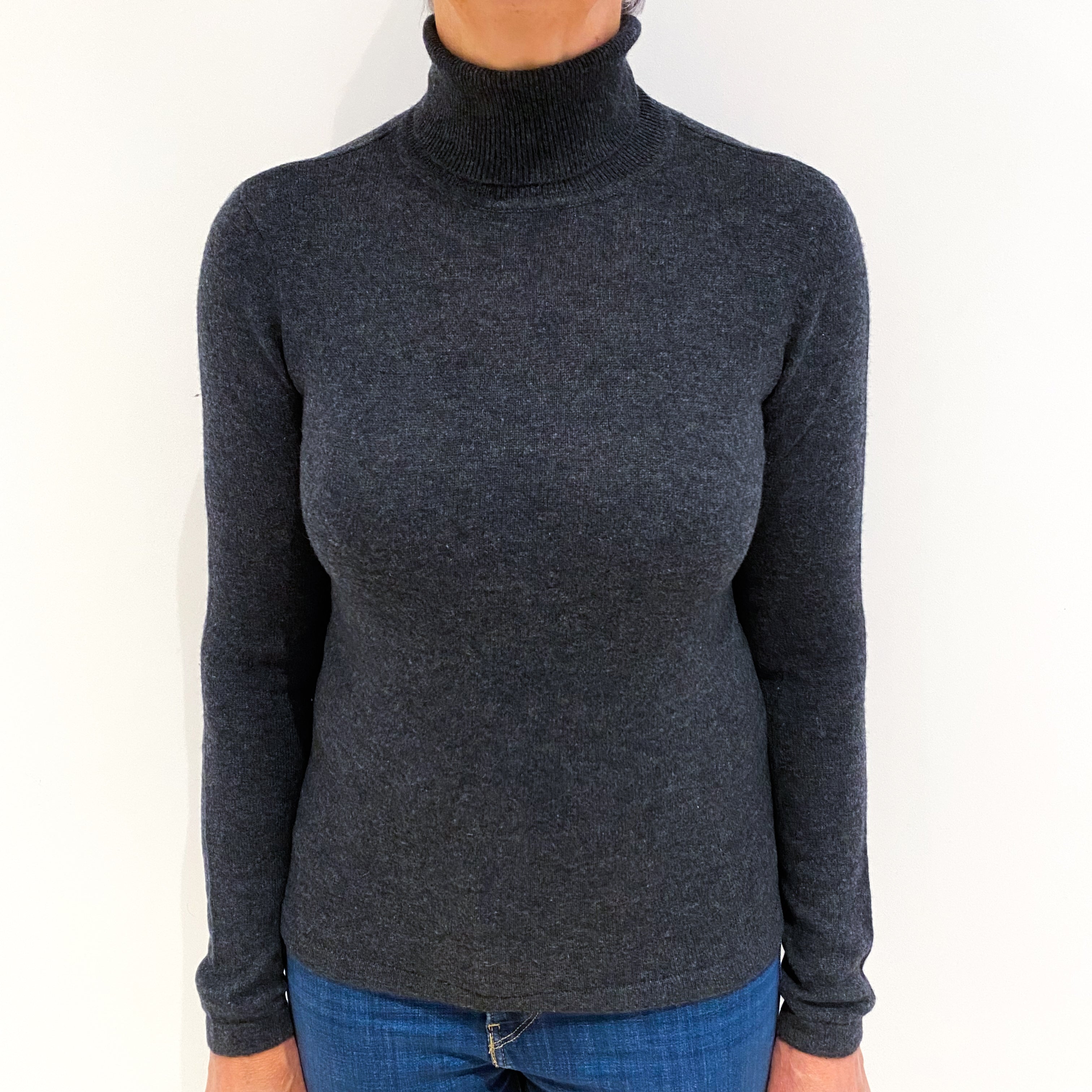 Charcoal Grey Lightweight Cashmere Polo Neck Jumper Medium