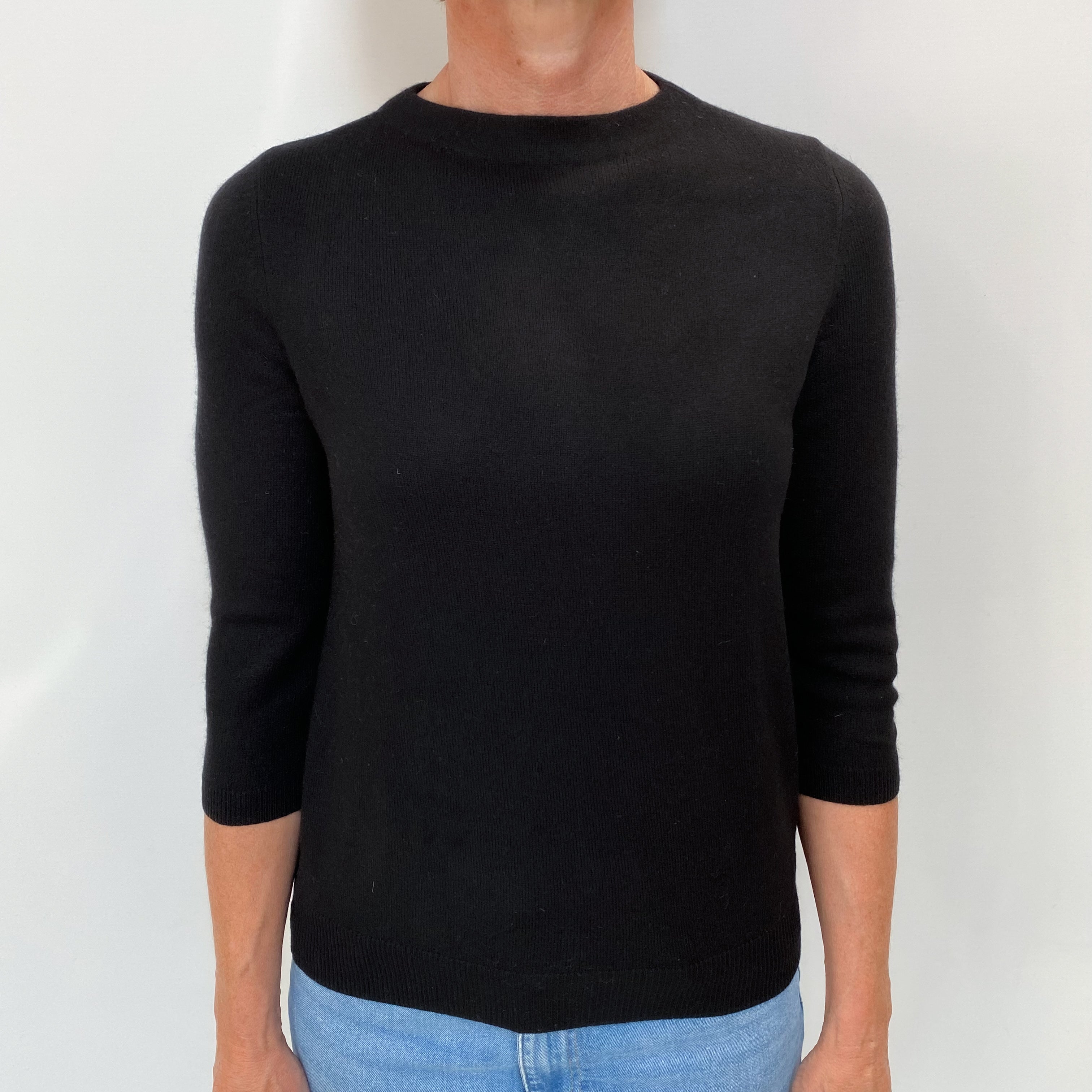 Black Cashmere 3/4 Sleeve Crew Neck Jumper Small