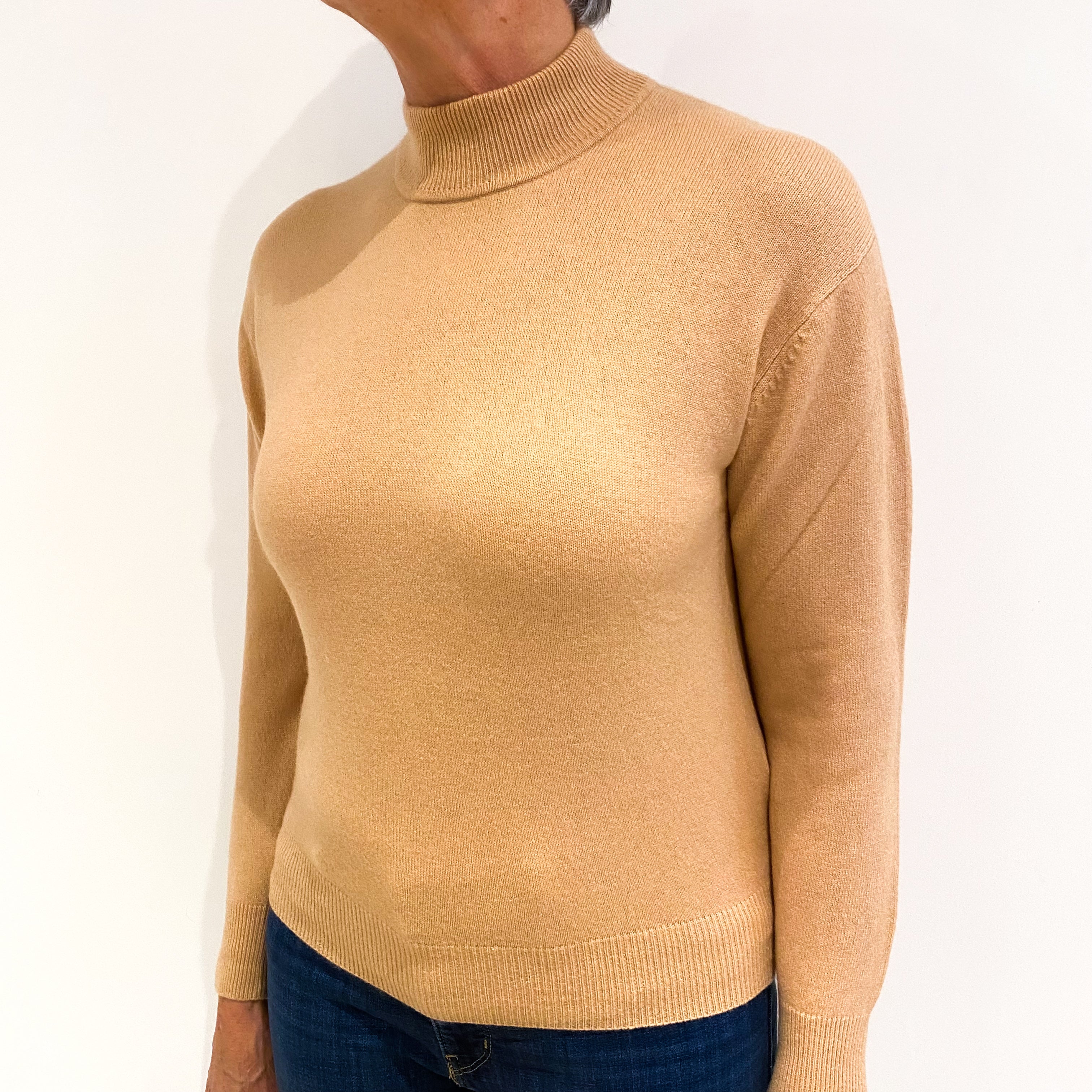 Light Camel Brown Cashmere Funnel Neck Jumper Medium