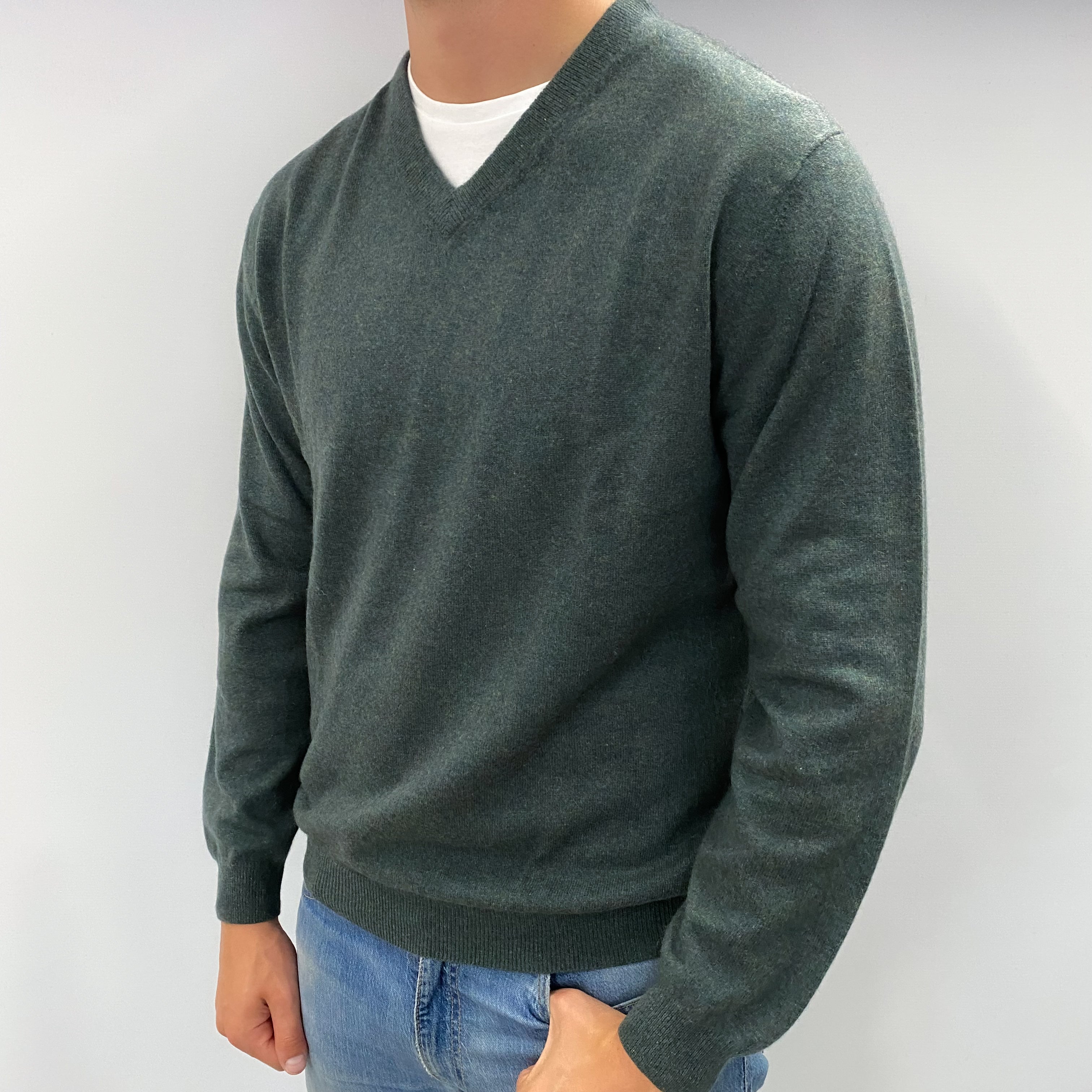 Men's Moss Green Marl Cashmere V Neck Jumper XL