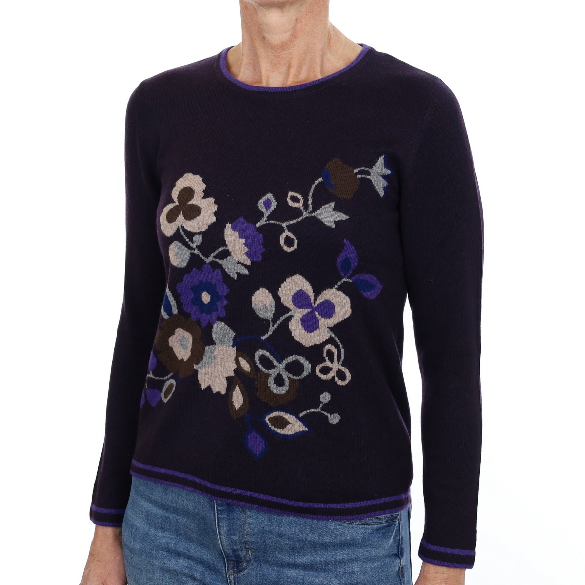 Navy Blue Patterned Cashmere Crew Neck Jumper Small