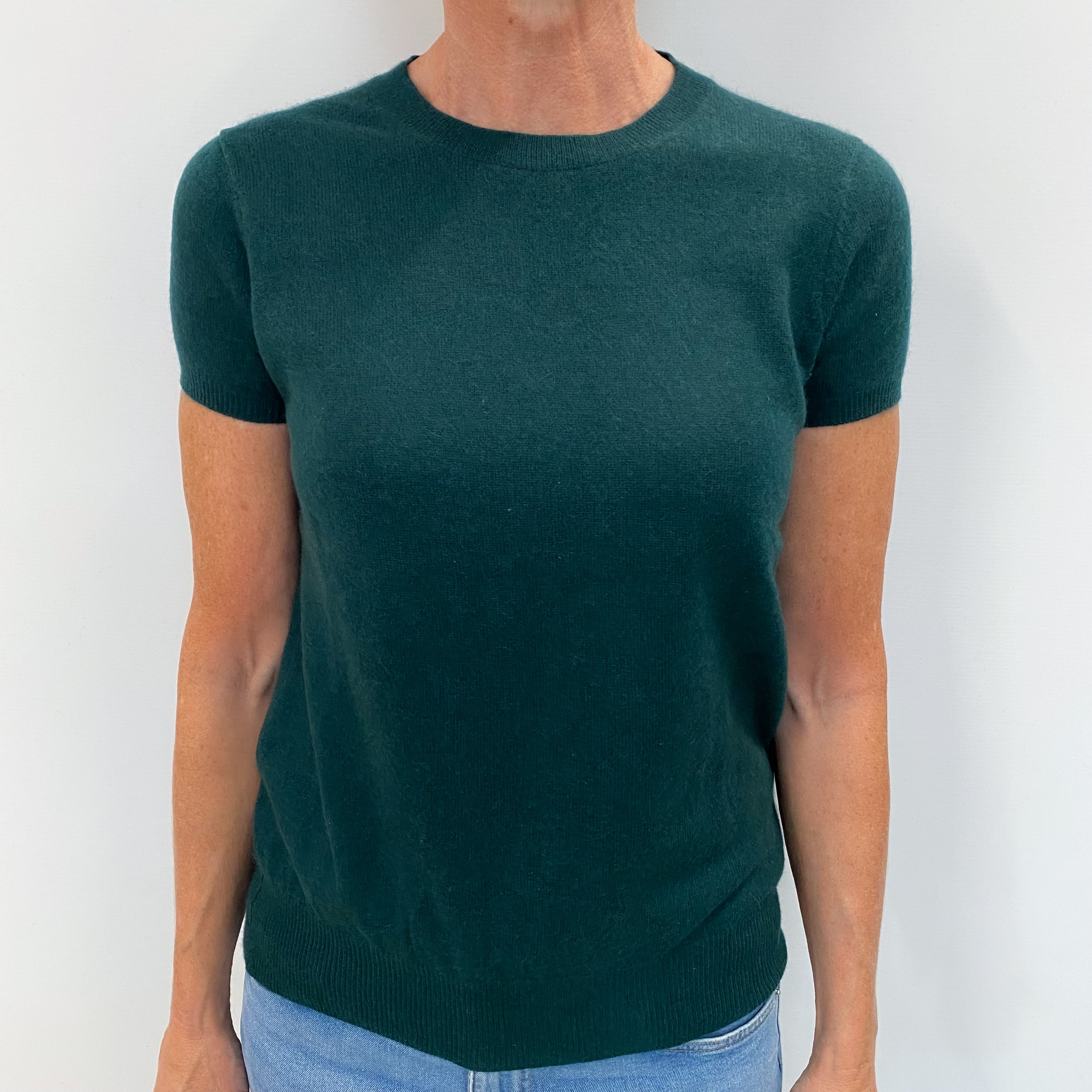 Bottle Green Cashmere Crew Neck Short Sleeved Jumper Small