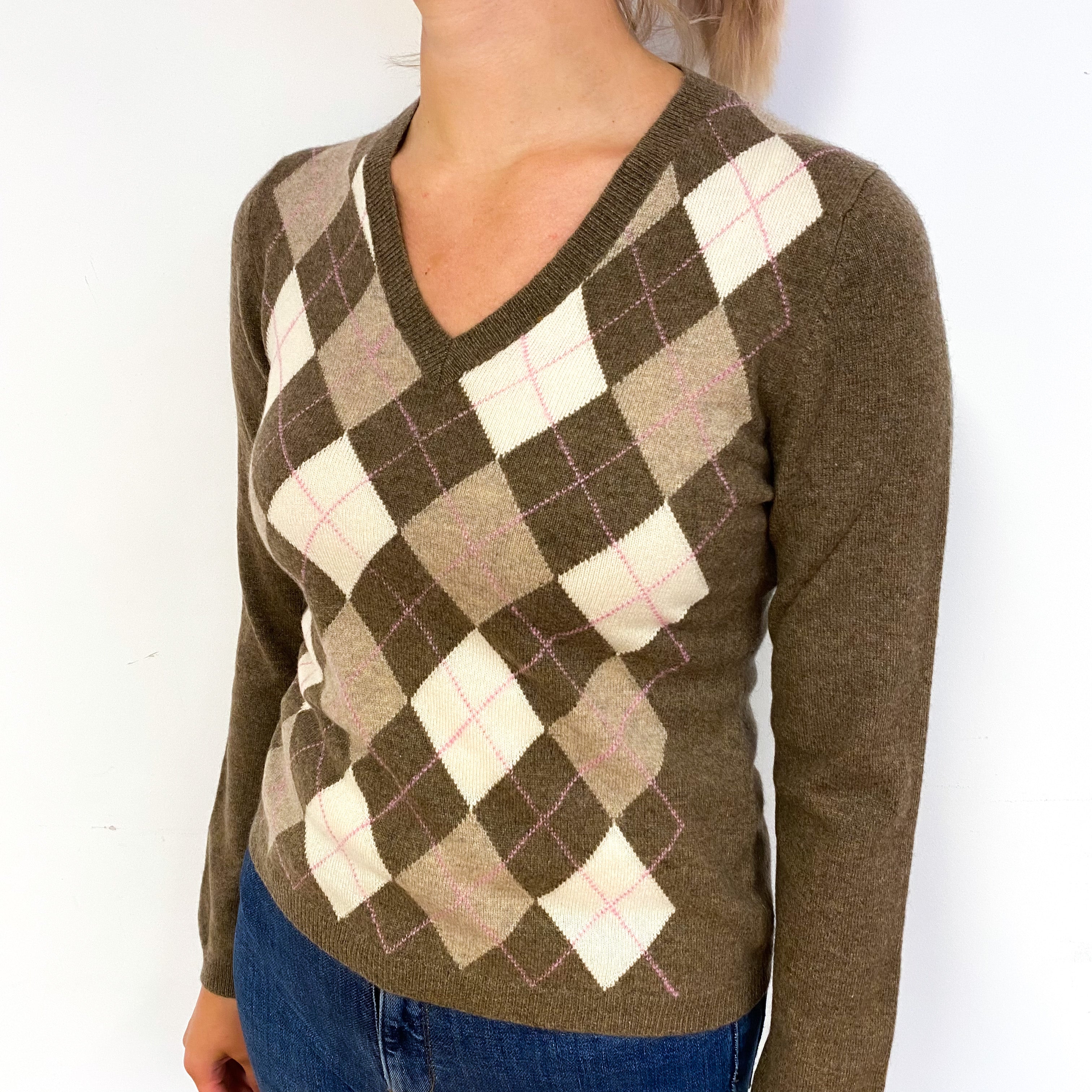 Mocha Brown Diamond Cashmere V-Neck Jumper Small