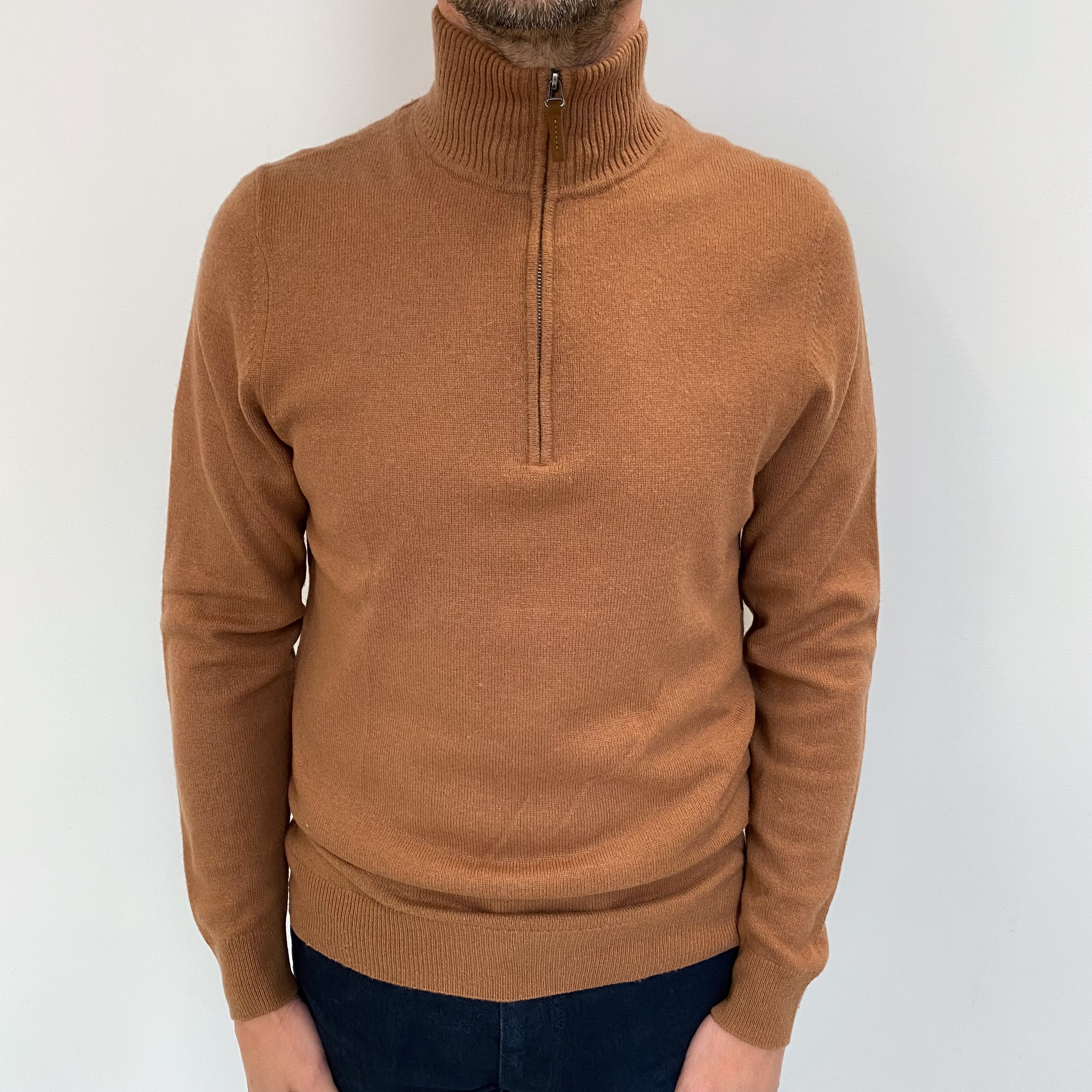 Men's Cinnamon Brown Cashmere 1/4 Zip Neck Jumper Small
