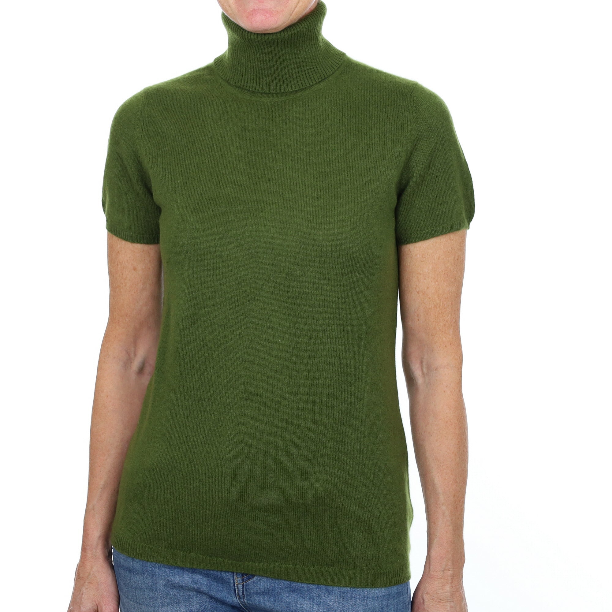 Pine Green Cashmere Polo Neck Short Sleeved  Jumper Small