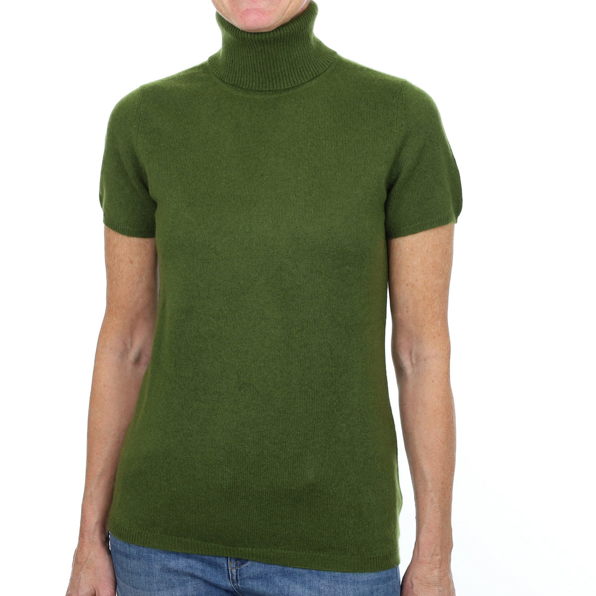 Pine Green Cashmere Polo Neck Short Sleeved  Jumper Small