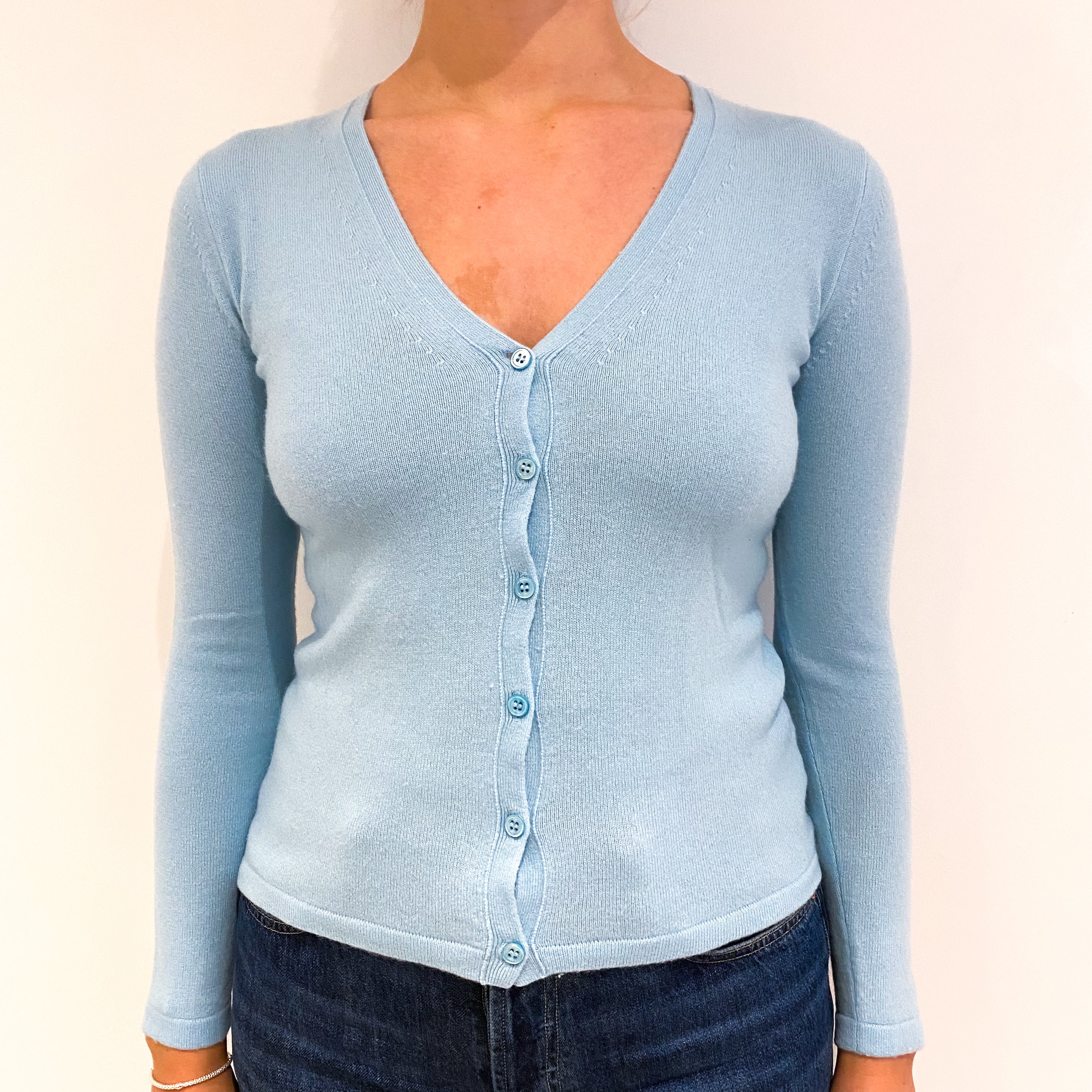 Pale Aqua Blue Cashmere V-Neck Cardigan Small