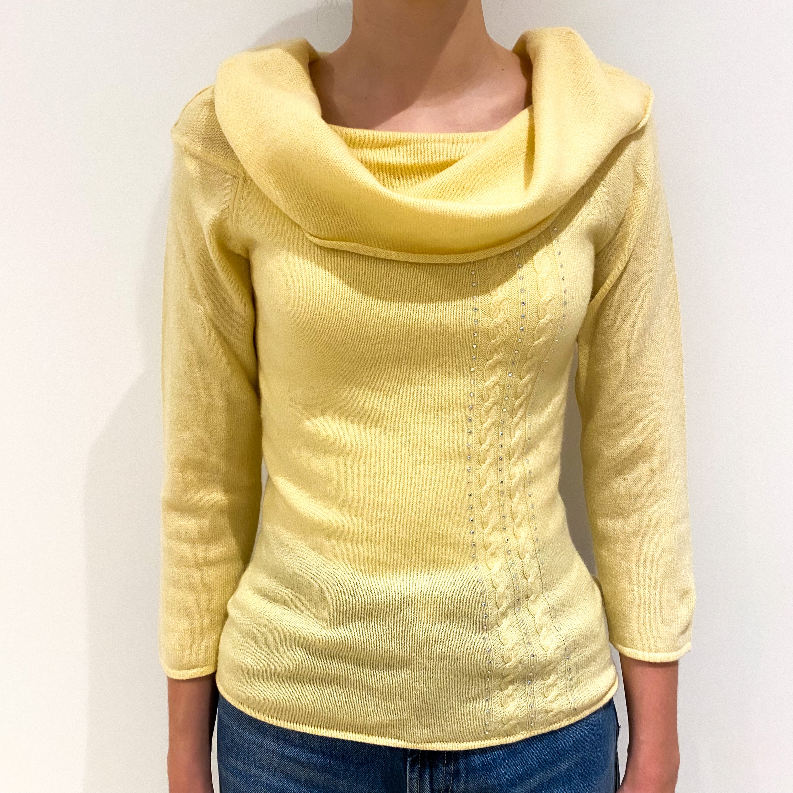 Primrose Yellow Diamanté Cashmere Cowl Neck Jumper Extra Small