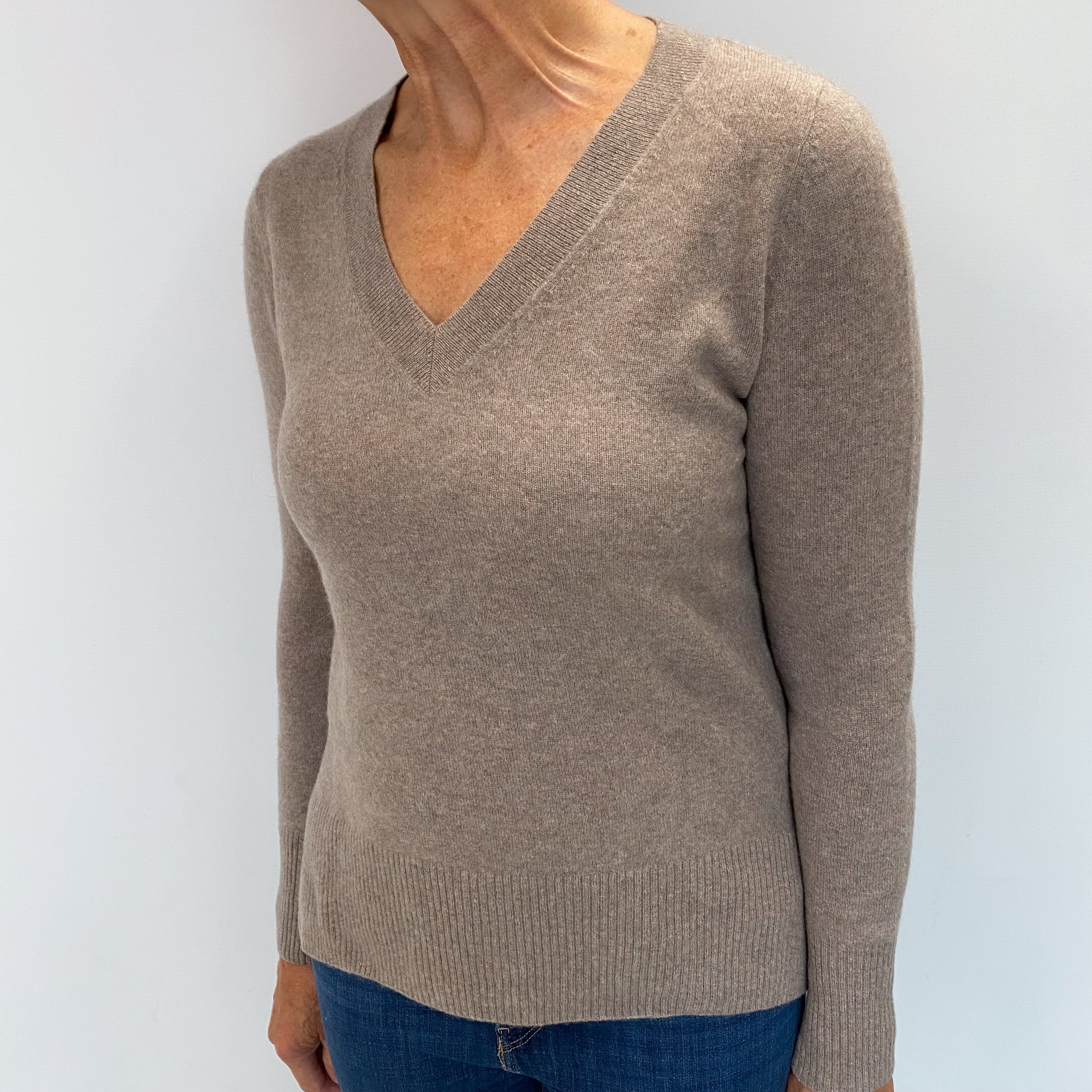 Taupe Brown Cashmere V Neck Jumper Medium